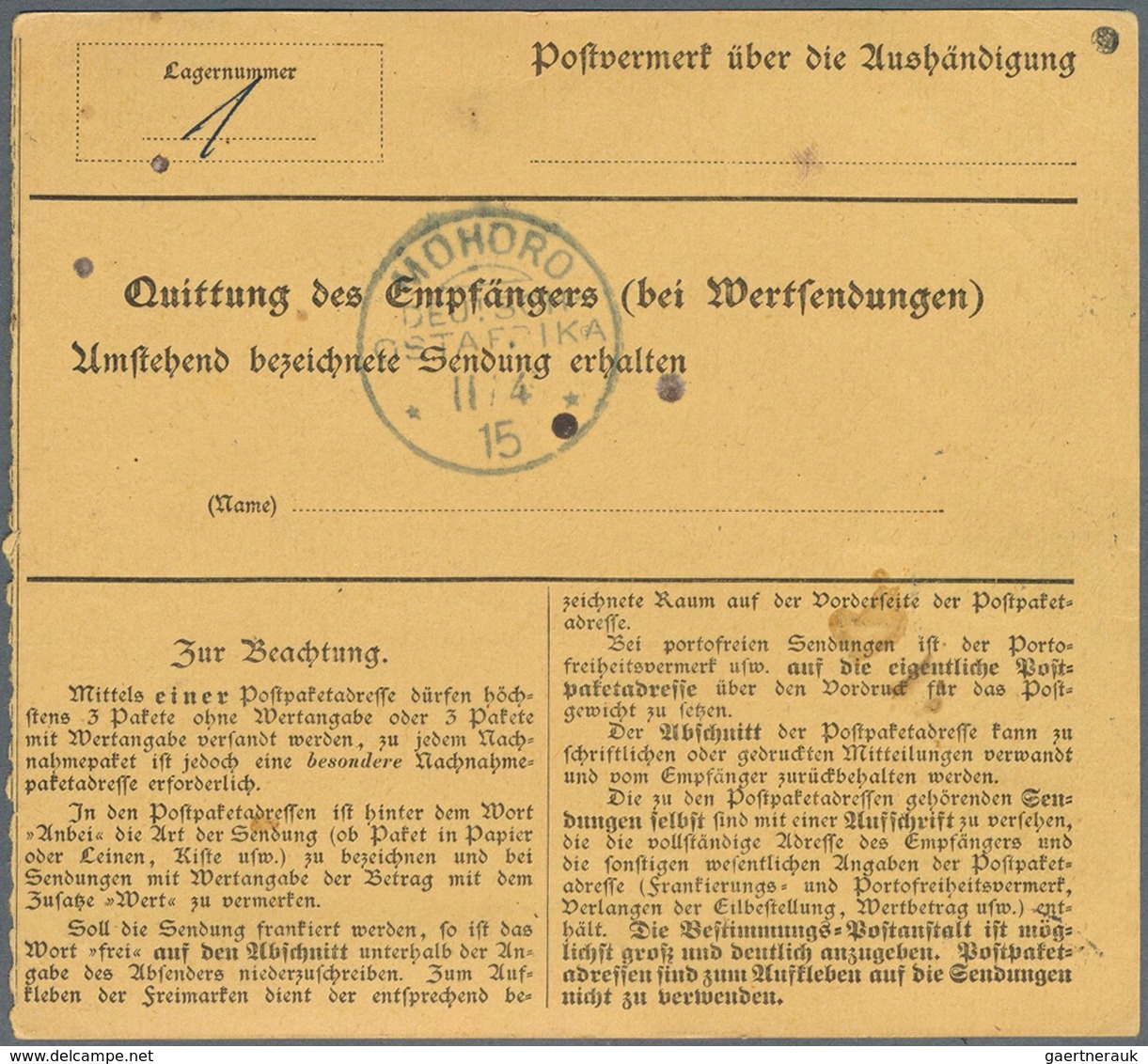 18596 Deutsch-Ostafrika: 1915 Kaiseryacht 20 H Und 30 H Mit WZ Auf Inlandspaketkarte Von "DARESSALAM DOA 3 - German East Africa