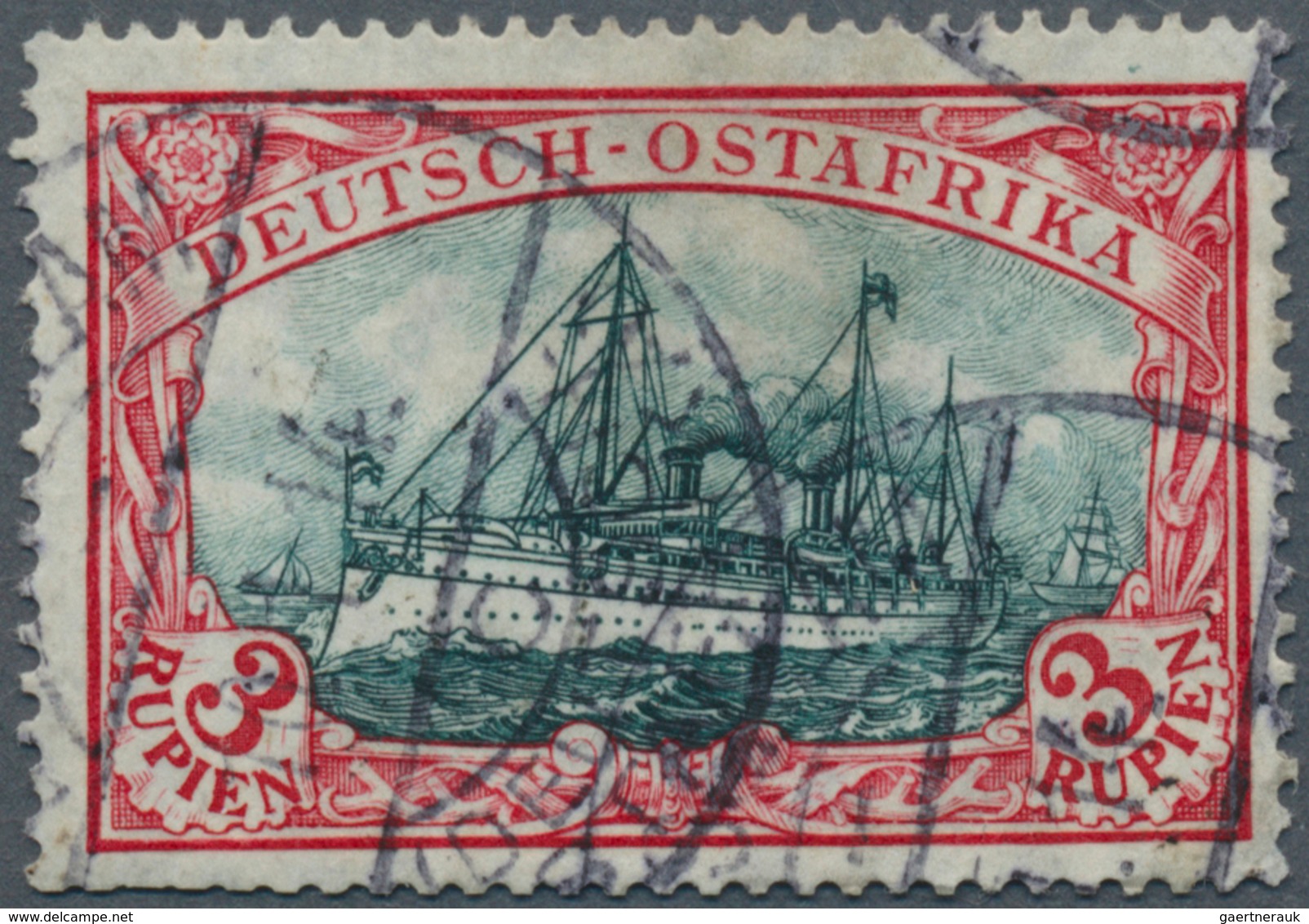 18597 Deutsch-Ostafrika: 1908. 3 Rupien Schiffstype, Friedensdruck, Gestempelt, Einige Kurze Zähne. (Miche - Deutsch-Ostafrika