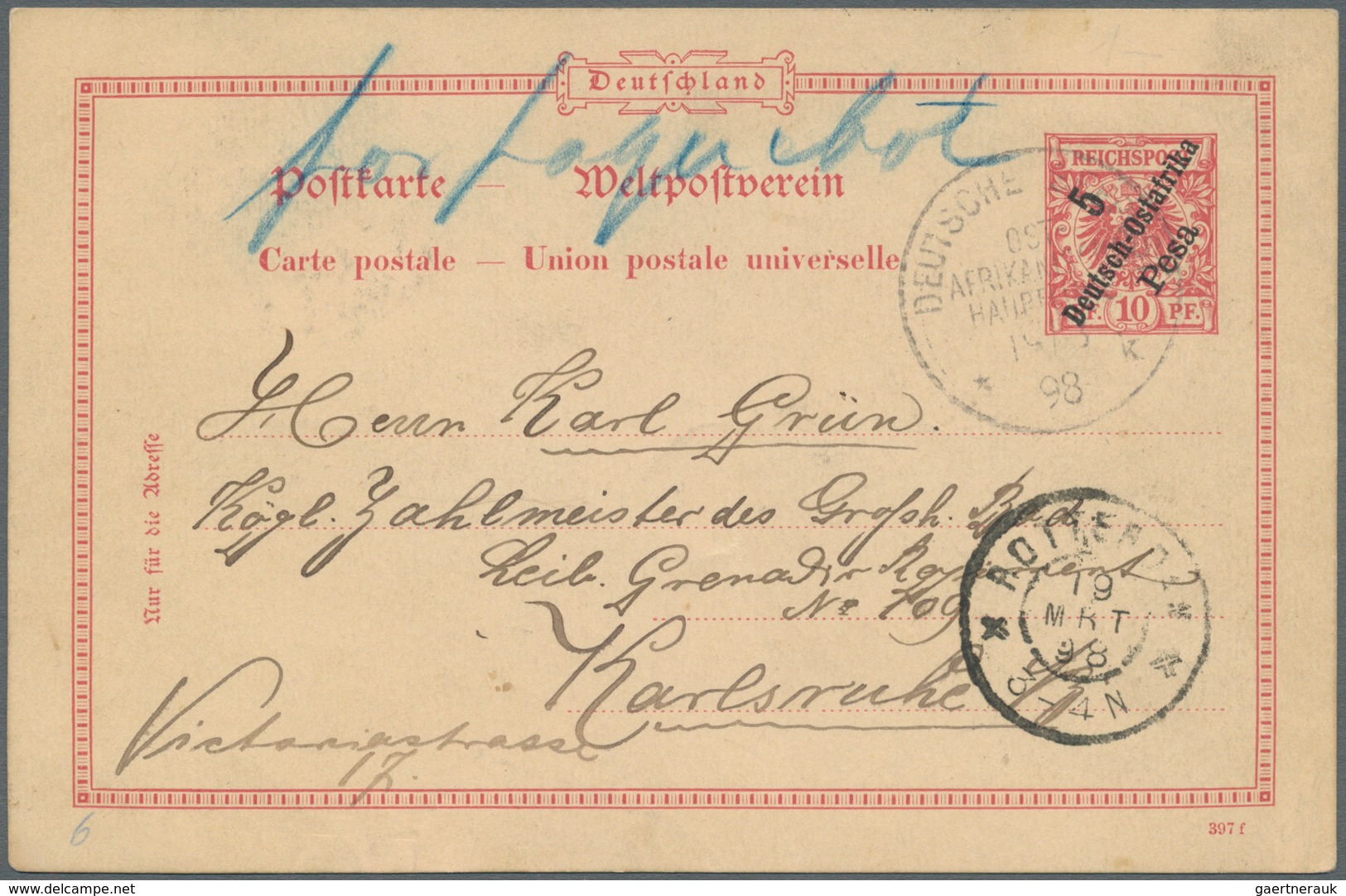 18601 Deutsch-Ostafrika - Ganzsachen: 19.03.1898: DOA 5 Pesa GSK (Mi.P6) Mit Stempel DSOAH"k" (RPD "König" - German East Africa