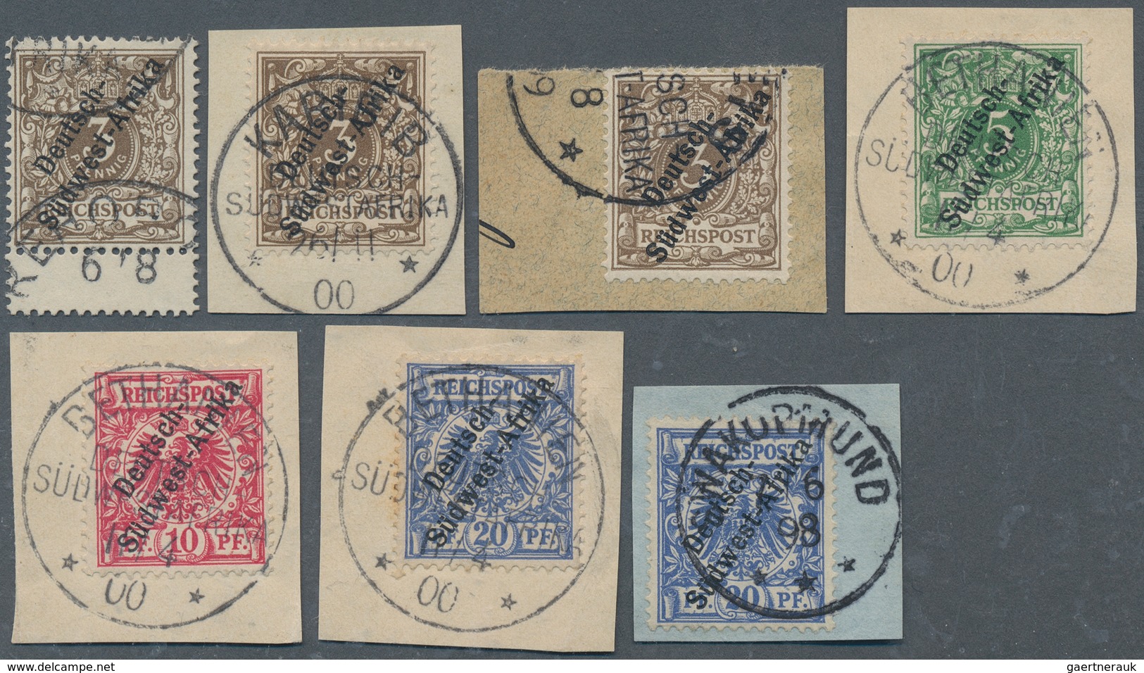 18619 Deutsch-Südwestafrika: 1897, 3 Pfg. - 20 Pfg. Krone/Adler Mit Aufdruck Auf Briefstücken, Zusätzlich - German South West Africa