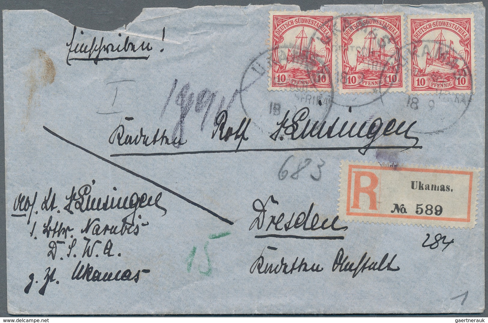18633 Deutsch-Südwestafrika: 1906, 3 Pf Bis 2 Mark Und 5 Mark Kaiseryacht Mit Wz. Gestempelt, 5 Mark Geprü - German South West Africa