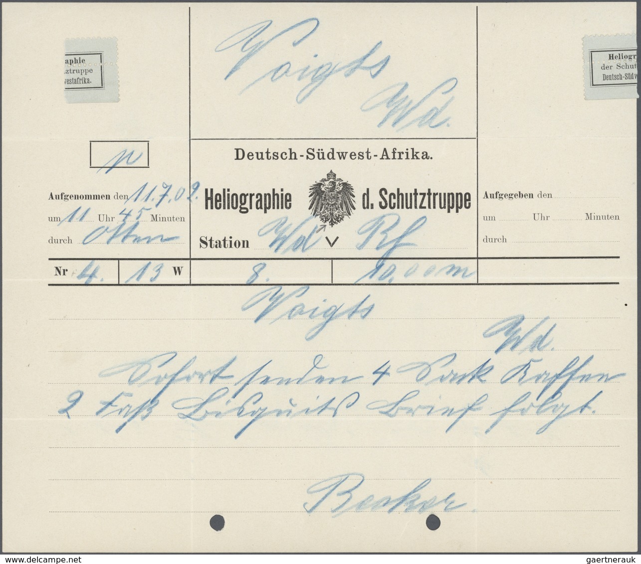 18644 Deutsch-Südwestafrika - Besonderheiten: 1902, Telegramm-Vordruckformular "Heliographie D. Schutztrup - German South West Africa