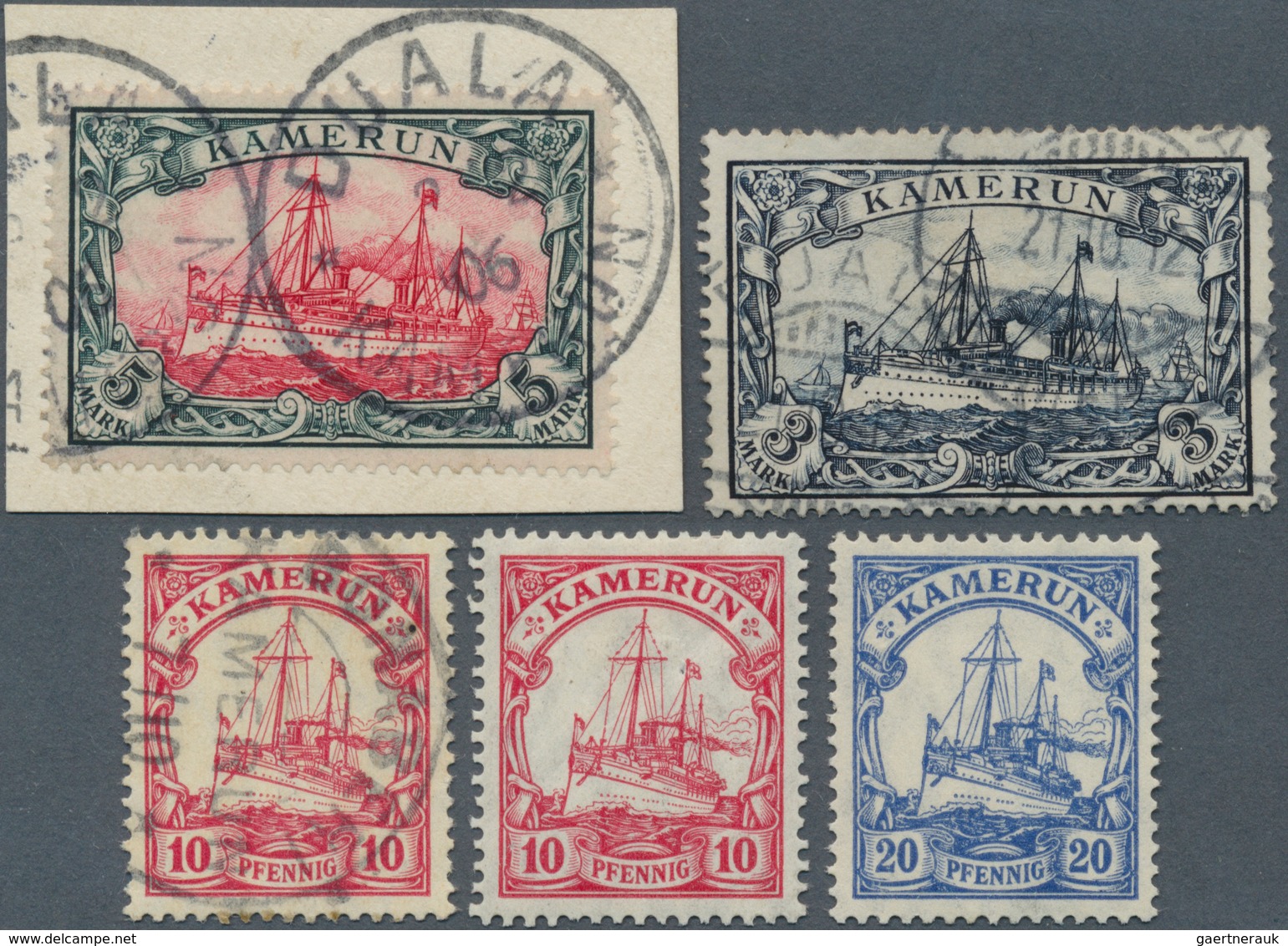 18669 Deutsche Kolonien - Kamerun: 1900/17. Lot Mit 5 Mark Schiffstype (Briefstück), 3 Mark Schiffstype (Z - Cameroun