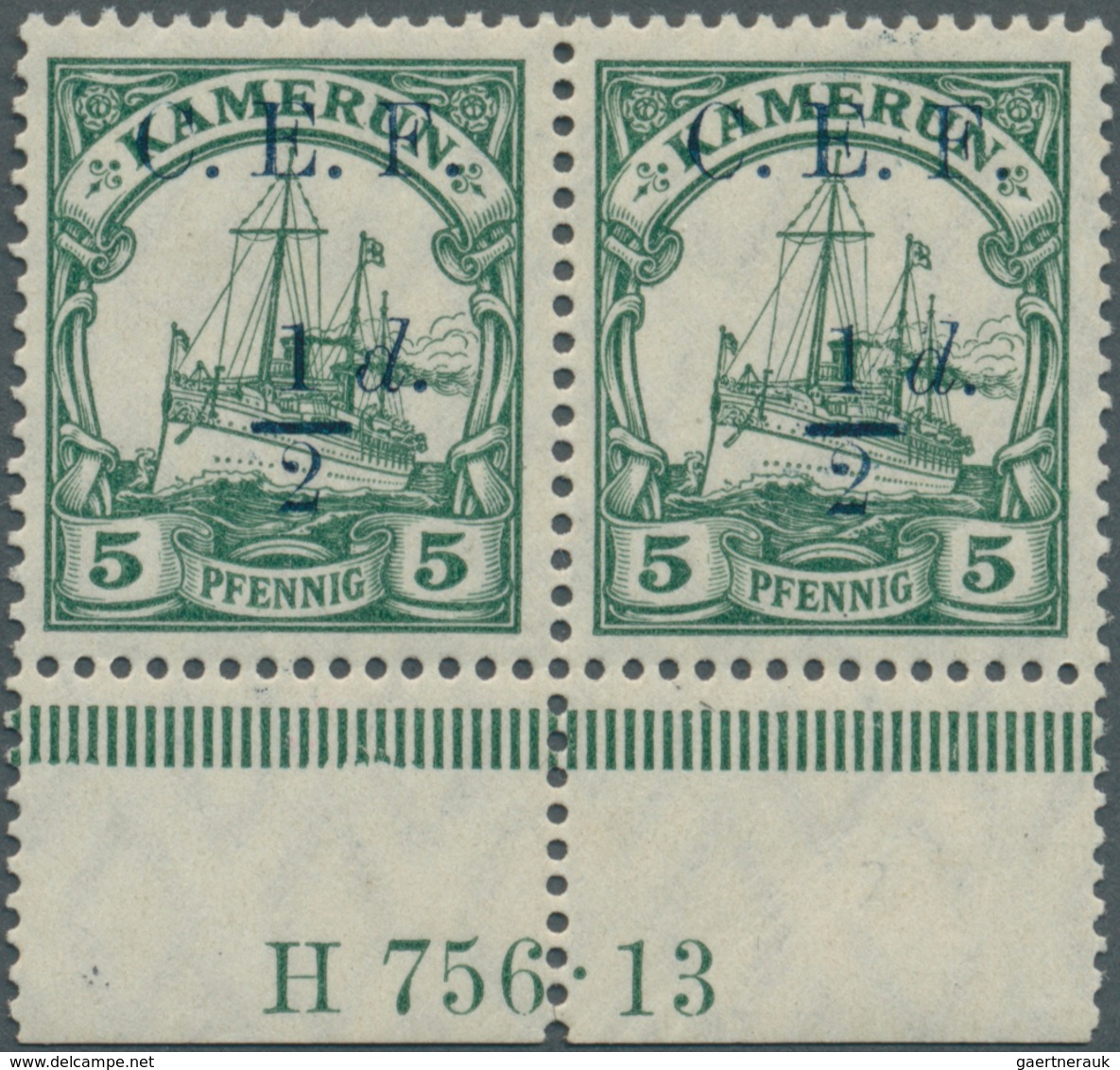 18675 Deutsche Kolonien - Kamerun - Britische Besetzung: 1915, 1/2 D. Auf 5 Pfg. Kaiseryacht, Waagerechtes - Cameroun