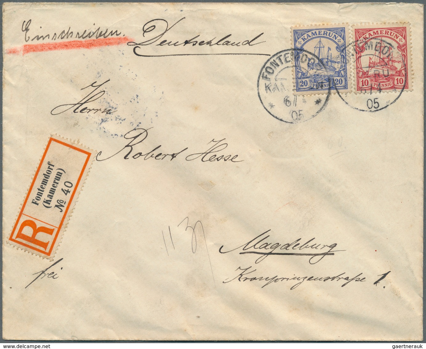 18679 Deutsche Kolonien - Kamerun - Stempel: "FONTENDORF KAMERUN 6.4.05", Klar Auf R-Brief Mit 10 Pfg. Und - Cameroun