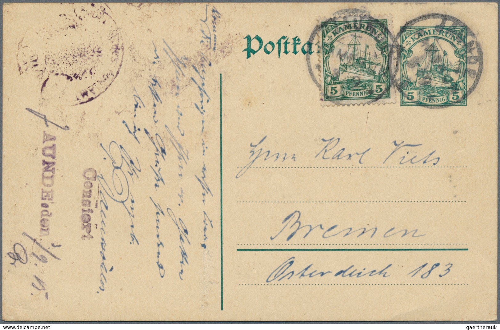 18682 Deutsche Kolonien - Kamerun - Besonderheiten: 1915 (3.9.), Violetter Gummi-Typensatz-Stempel "Censie - Cameroun