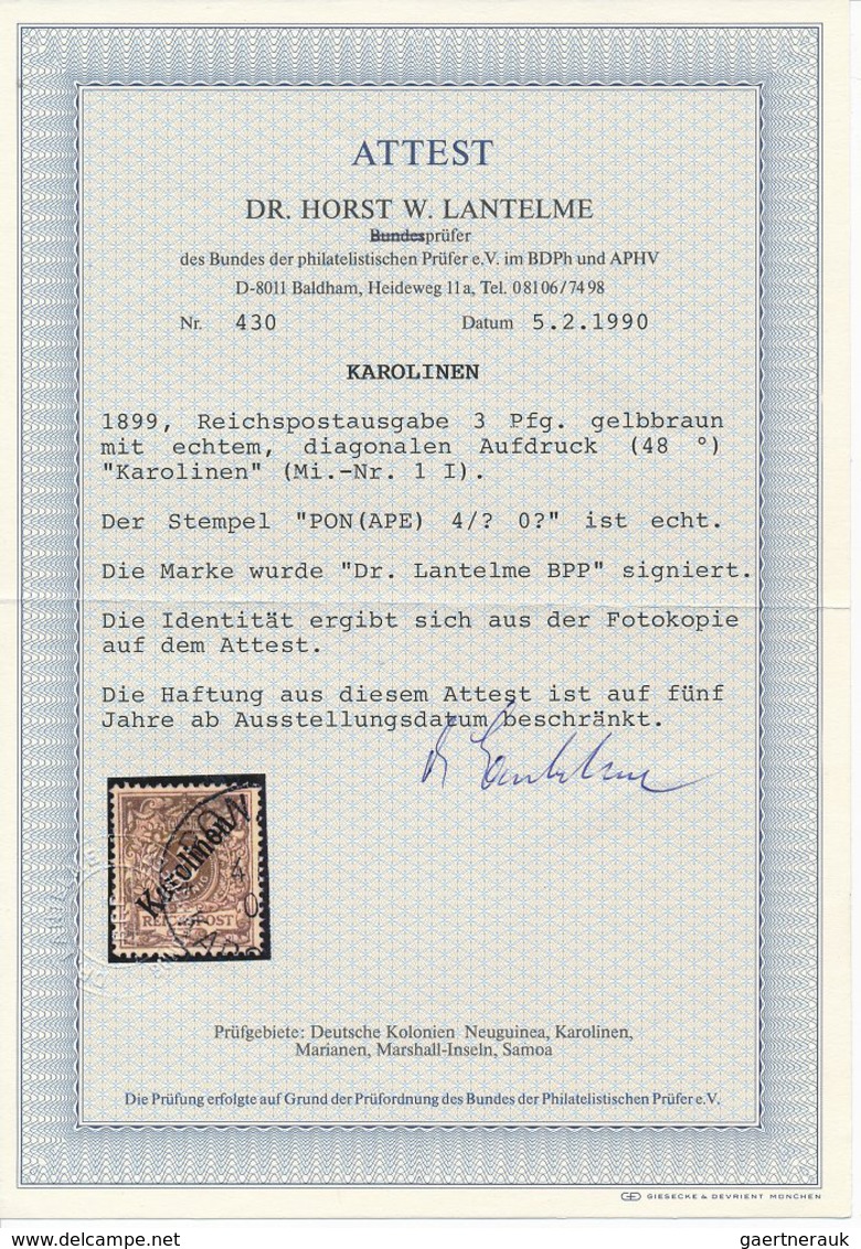 18686 Deutsche Kolonien - Karolinen: Mi.Nr. 1 I Gestempelt, 3 Pfg. Diagonaler Aufdruck, Sauber Gestempelt, - Karolinen
