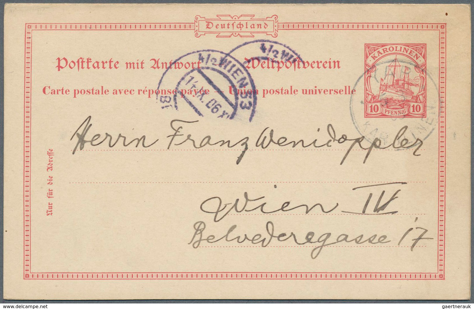 18699 Deutsche Kolonien - Karolinen - Ganzsachen: 1906, 10/10 Pf Karmin Antwortdoppelkarte Von YAP, 5.8.06 - Caroline Islands