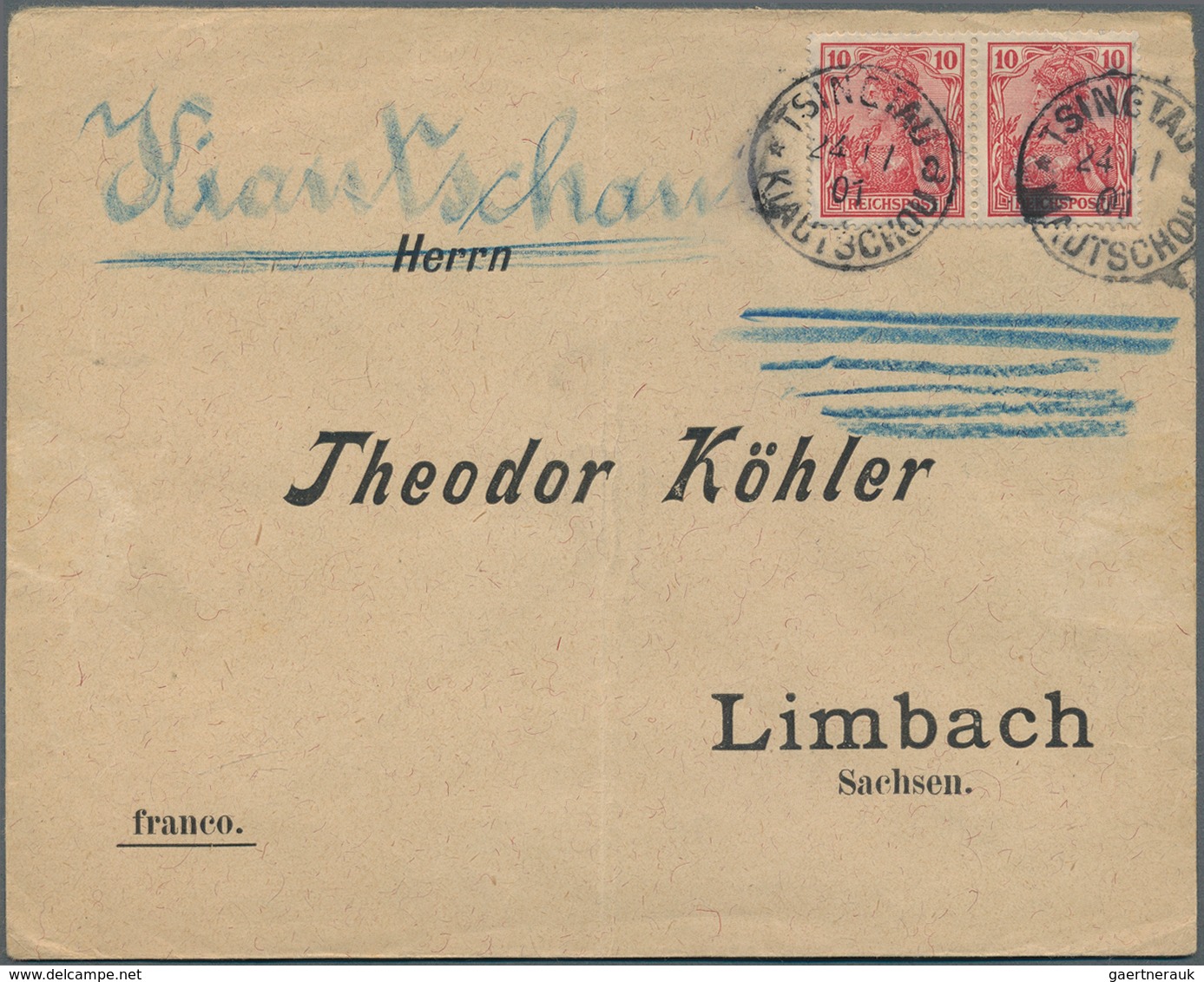 18706 Deutsche Kolonien - Kiautschou - Mitläufer: 1901-1906, Brief Mit Paar 10 Pf Germania Reichspost Von - Kiauchau