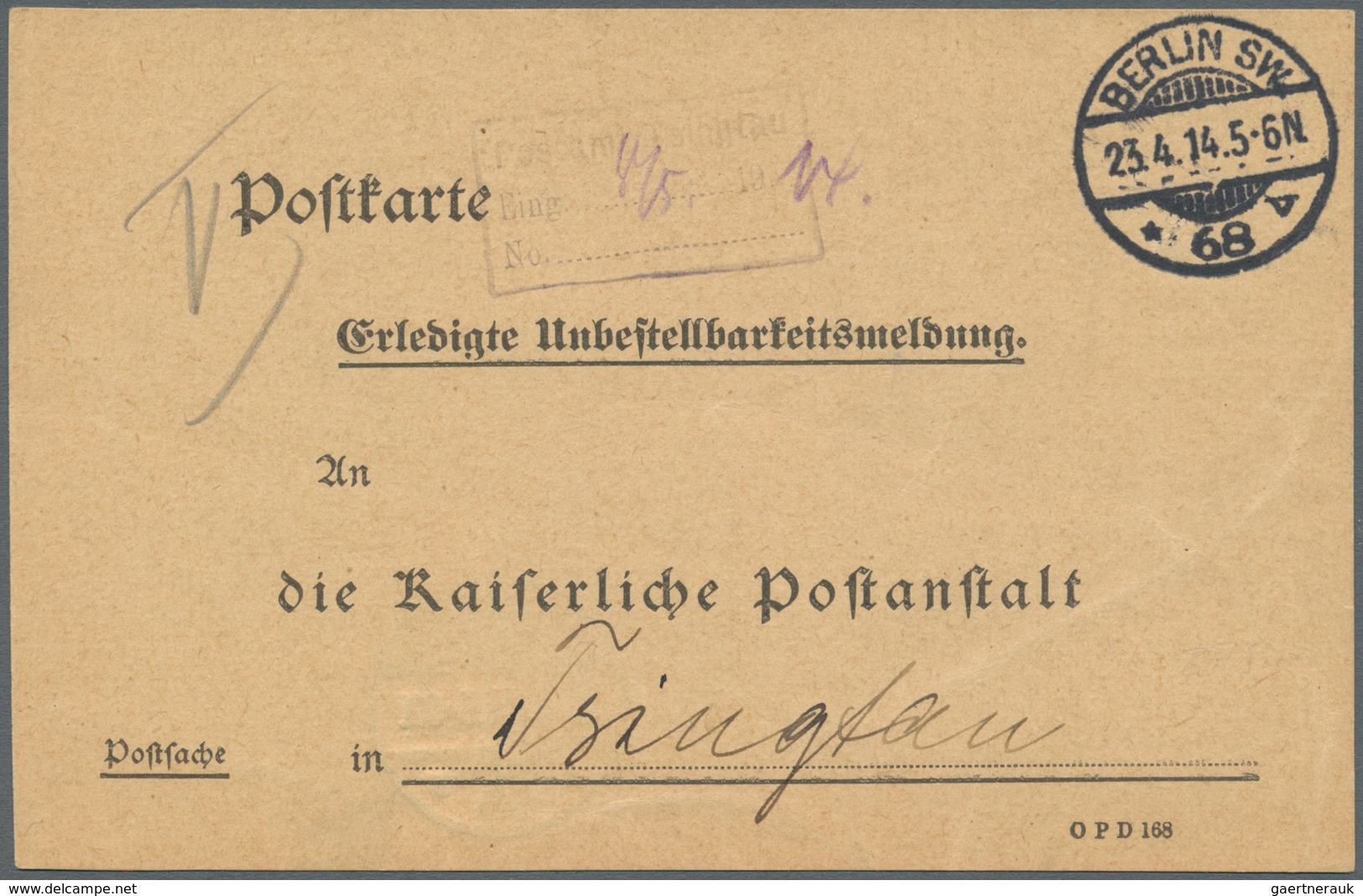 18736 Deutsche Kolonien - Kiautschou - Besonderheiten: 23.04.14: Vordruck-Postkarte "Erledigte Unbestellba - Kiauchau