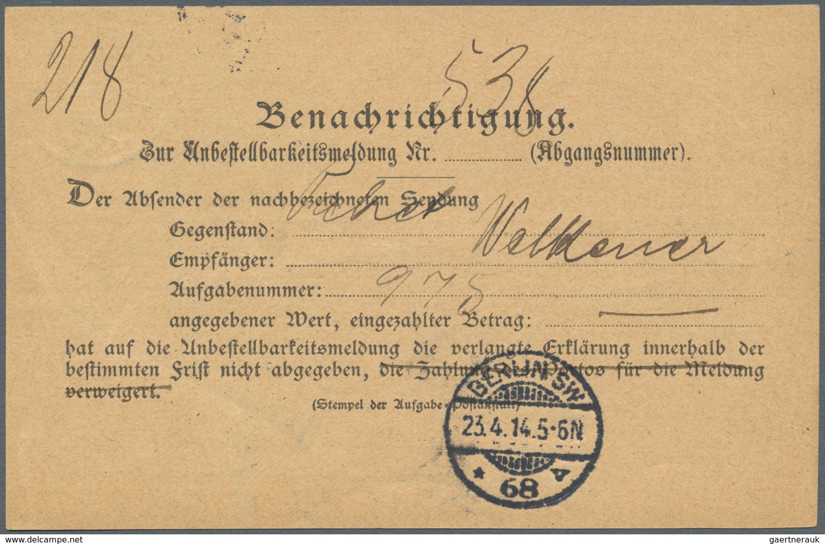 18736 Deutsche Kolonien - Kiautschou - Besonderheiten: 23.04.14: Vordruck-Postkarte "Erledigte Unbestellba - Kiauchau