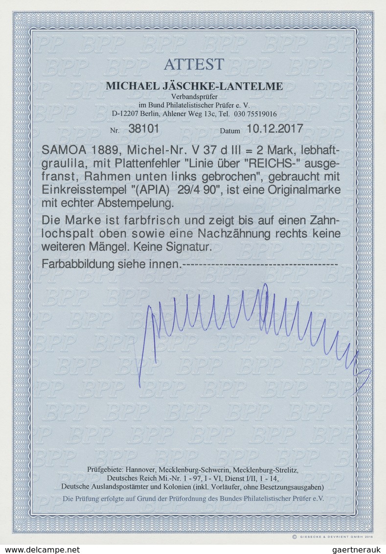 18792 Deutsche Kolonien - Samoa - Vorläufer: 1889, 2 M. Lebhaftgraulila Mit Plattenfehler "Linie über REIC - Samoa