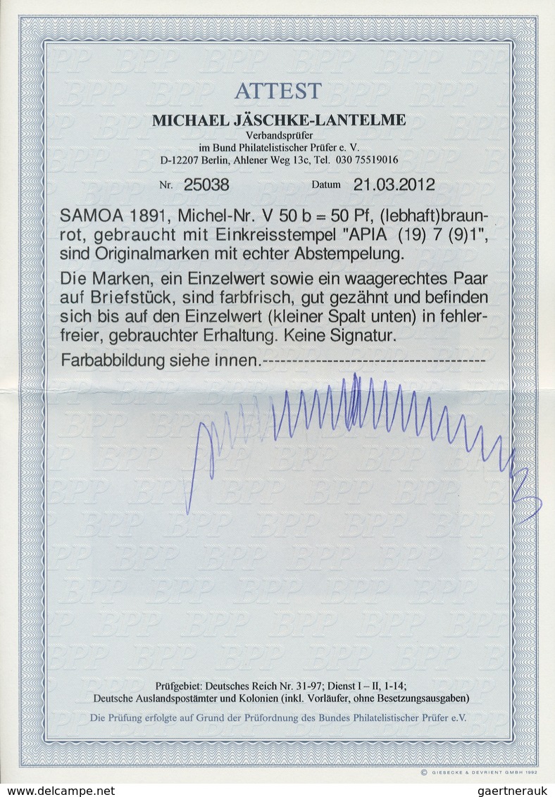 18795 Deutsche Kolonien - Samoa - Vorläufer: 1891, 50 Pfg. Krone/Adler Braunrot, Einzelwert (kleiner Spalt - Samoa