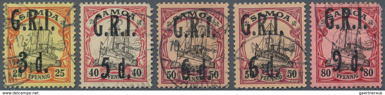 18806 Deutsche Kolonien - Samoa - Britische Besetzung: 1914. Lot Mit 5 Sauber Gestempelten G.R.I.-Marken: - Samoa