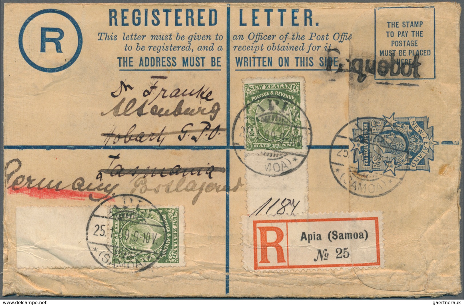 18812 Deutsche Kolonien - Samoa - Besonderheiten: 1909, Neuseeland/Niue, 3d Blau Einschreibe-GSU Mit Zusat - Samoa