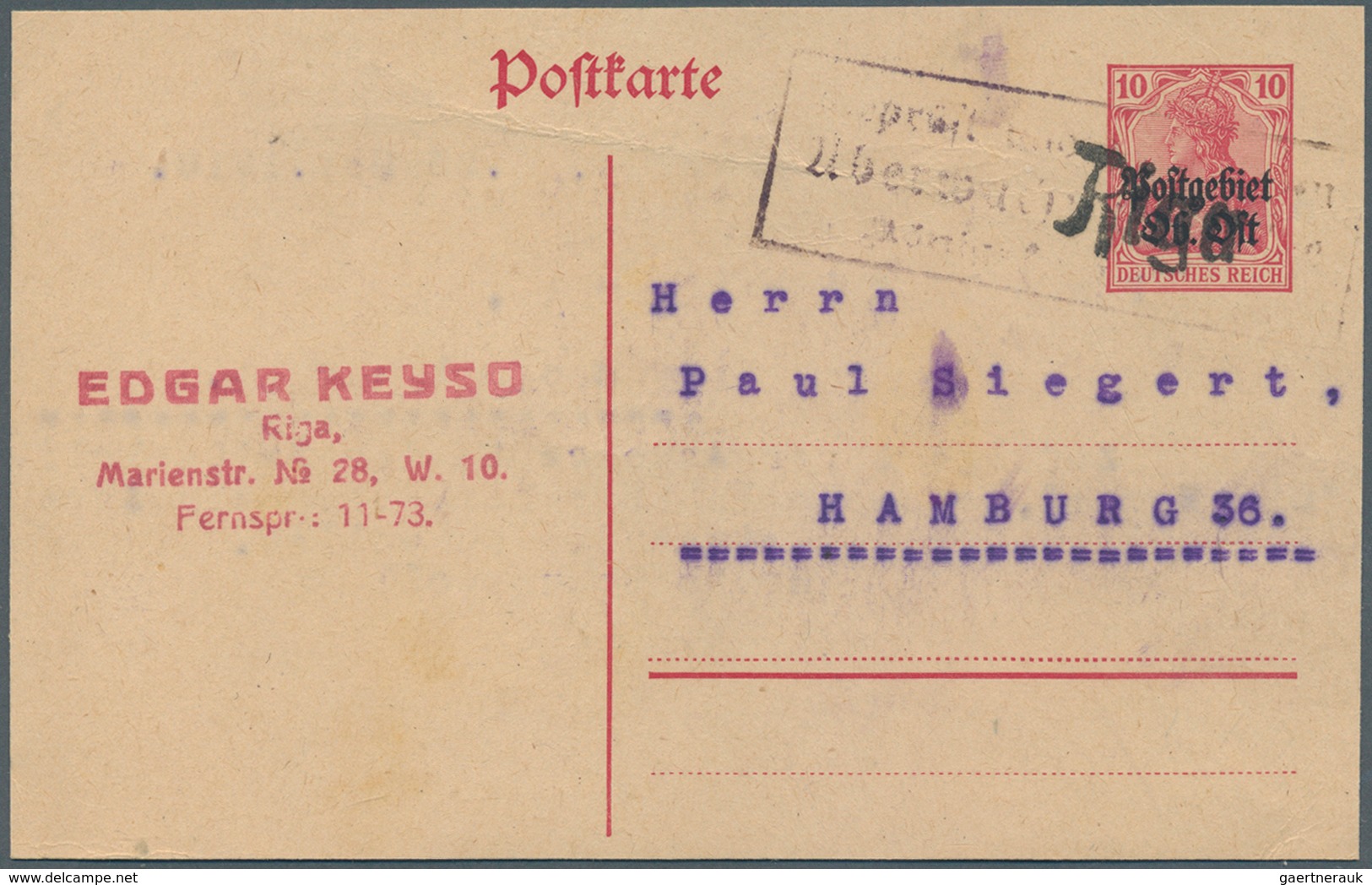 18854 Deutsche Besetzung I. WK: Postgebiet Ober. Ost: 1918, 10 Pf Aufdruck-Ganzsachenkarte Mit Ra3-Überwac - Occupation 1914-18