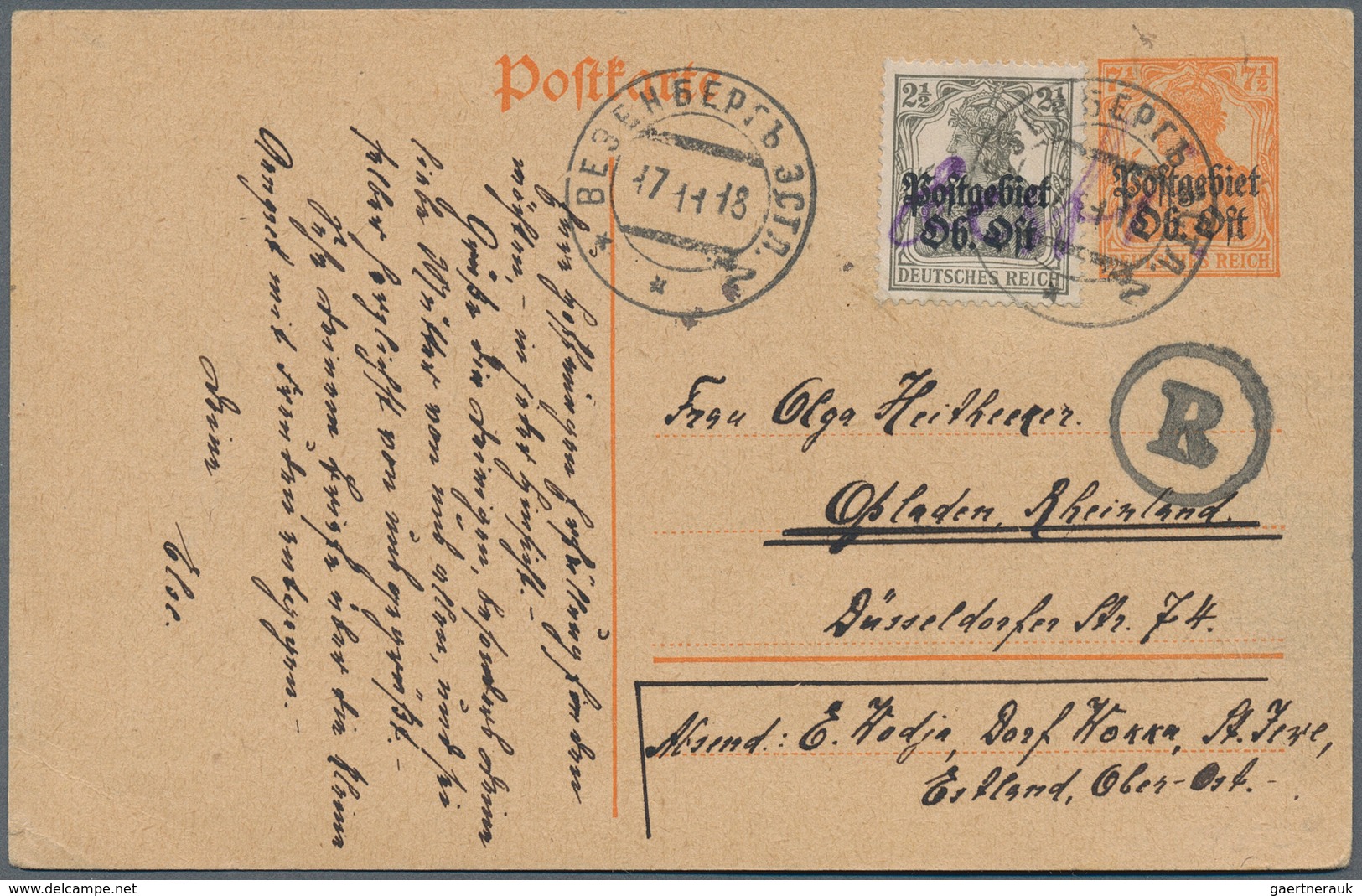 18875 Deutsche Besetzung I. WK: Postgebiet Ober. Ost - Ganzsachen: 1918, 7 1/2 Pfg. Germania Ganzsache Mit - Occupation 1914-18
