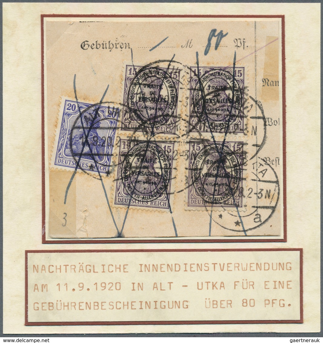 18891 Deutsche Abstimmungsgebiete: Allenstein: 1920, Nch Trägliche Innendienstverrechnung Von 80 Pfg. Gebü - Other & Unclassified