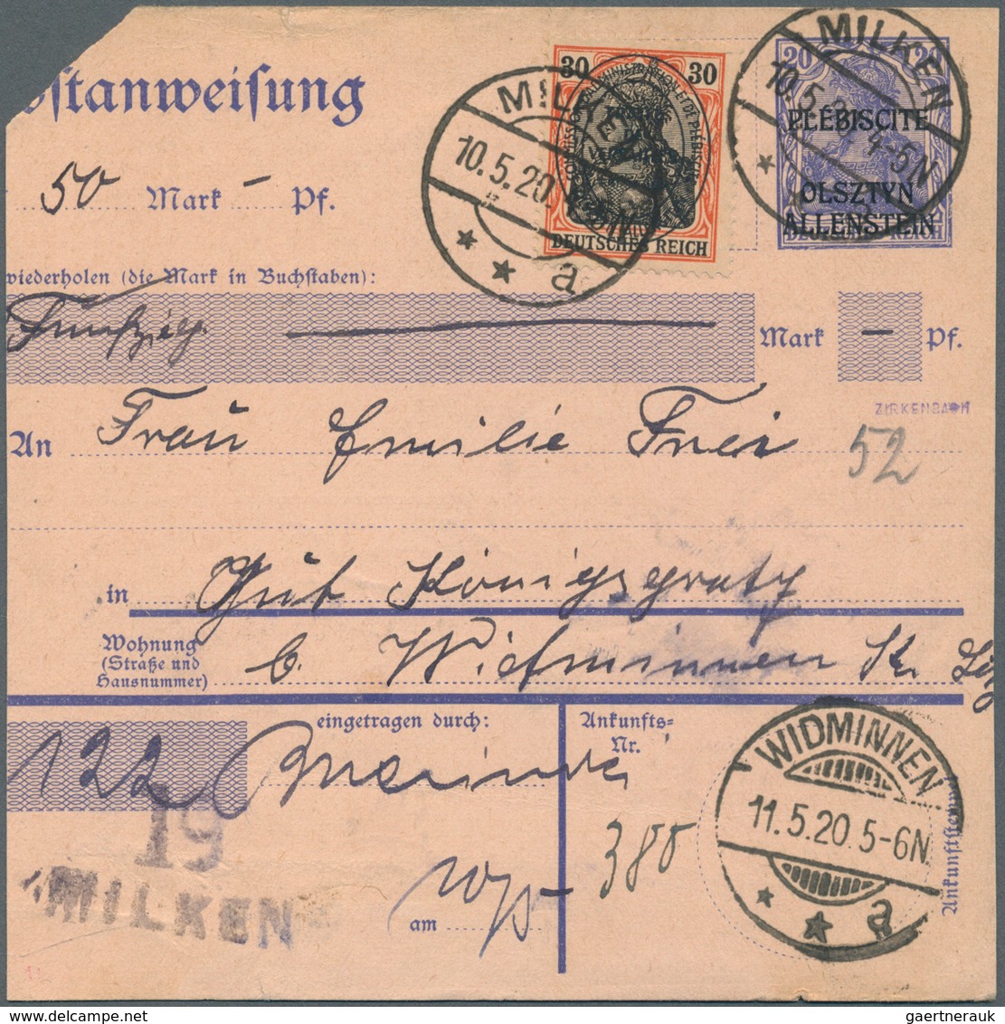 18893 Deutsche Abstimmungsgebiete: Allenstein - Ganzsachen: 1920, Postanweisung 20 Pfg. Germania Blau Mit - Other & Unclassified