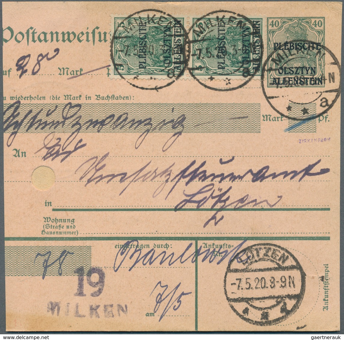 18894 Deutsche Abstimmungsgebiete: Allenstein - Ganzsachen: 1920, Postanweisung 40 Pfg. Germania Grün Mit - Other & Unclassified