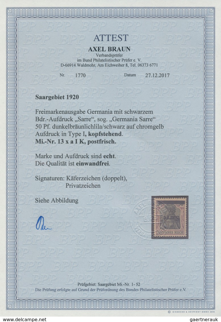 18929 Deutsche Abstimmungsgebiete: Saargebiet: 1920, Germania 50 Pf. Dunkelbräunlichlila/ Schwarz Auf Chro - Other & Unclassified