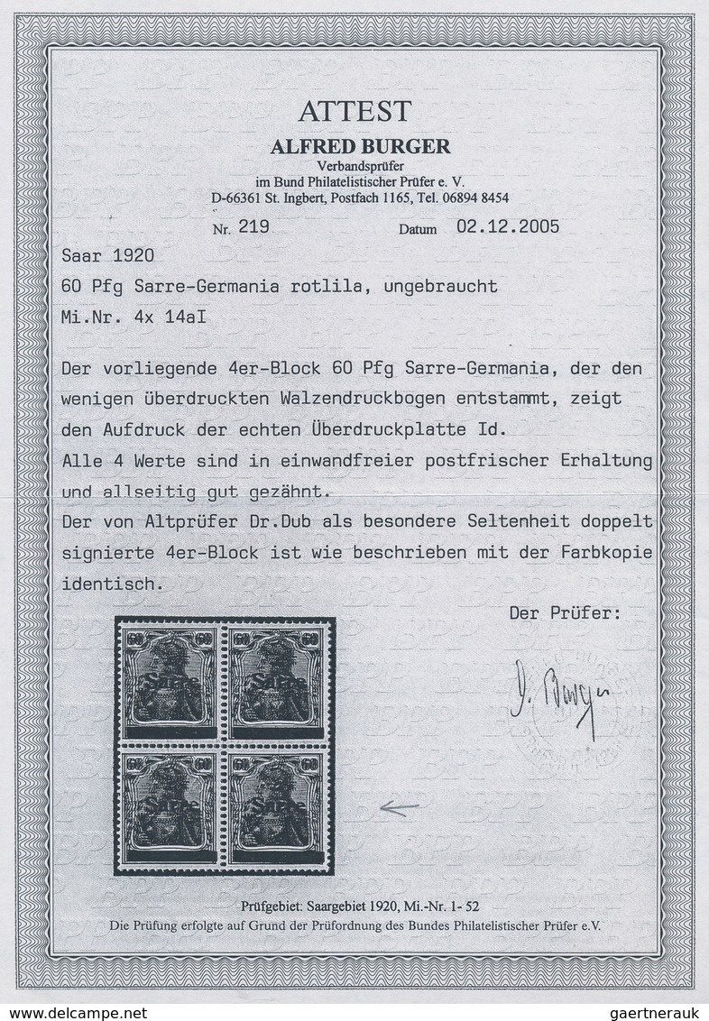 18931 Deutsche Abstimmungsgebiete: Saargebiet: 1920, 60 Pfg. Sarre-Germania In Der Seltenen Farbe Rotlila, - Sonstige & Ohne Zuordnung