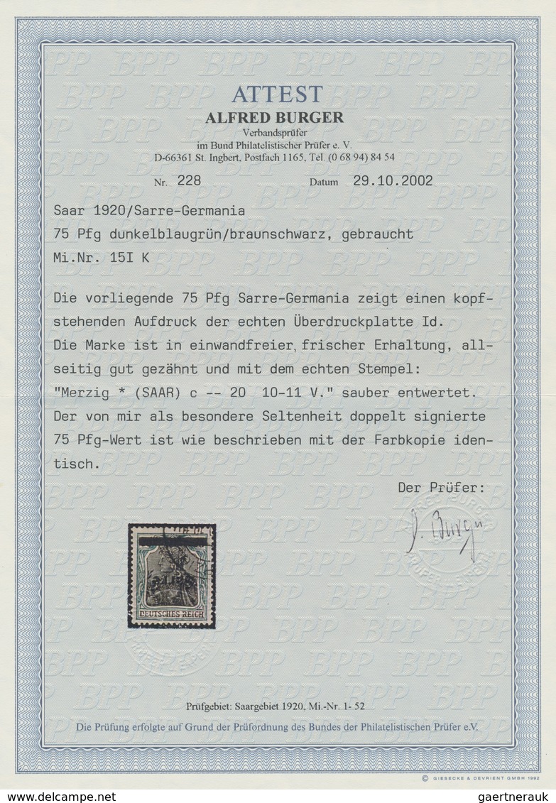 18932 Deutsche Abstimmungsgebiete: Saargebiet: 1920, Germania 75 Pf. Sarre Mit Kopfstehendem Aufdruck, Sau - Other & Unclassified