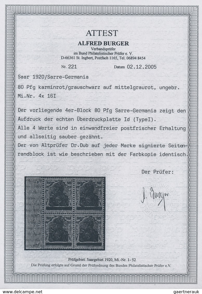 18934 Deutsche Abstimmungsgebiete: Saargebiet: 1920, Freimarke Germania Mit Aufdruck 80 Pfg., Aufdruck Typ - Other & Unclassified