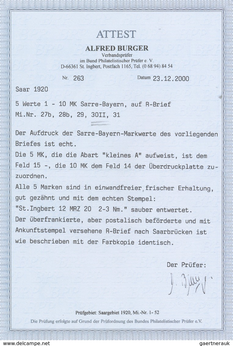 18956 Deutsche Abstimmungsgebiete: Saargebiet: 1920, 10 M. Bayern-Sarre, Bogenfeld 11, Auf Schönem Briefst - Other & Unclassified