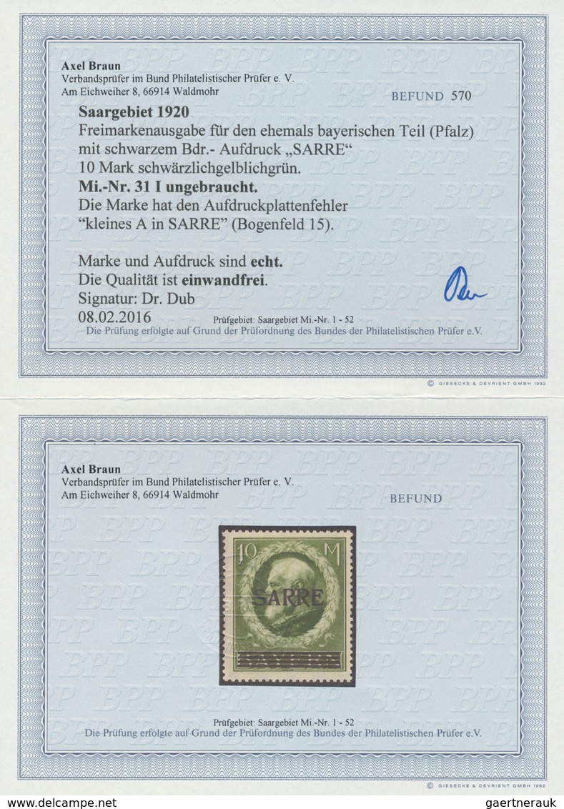 18957 Deutsche Abstimmungsgebiete: Saargebiet: 1920: Bayern/Sarre 10 Mark Mit Abart "kleines A", Selten, S - Other & Unclassified