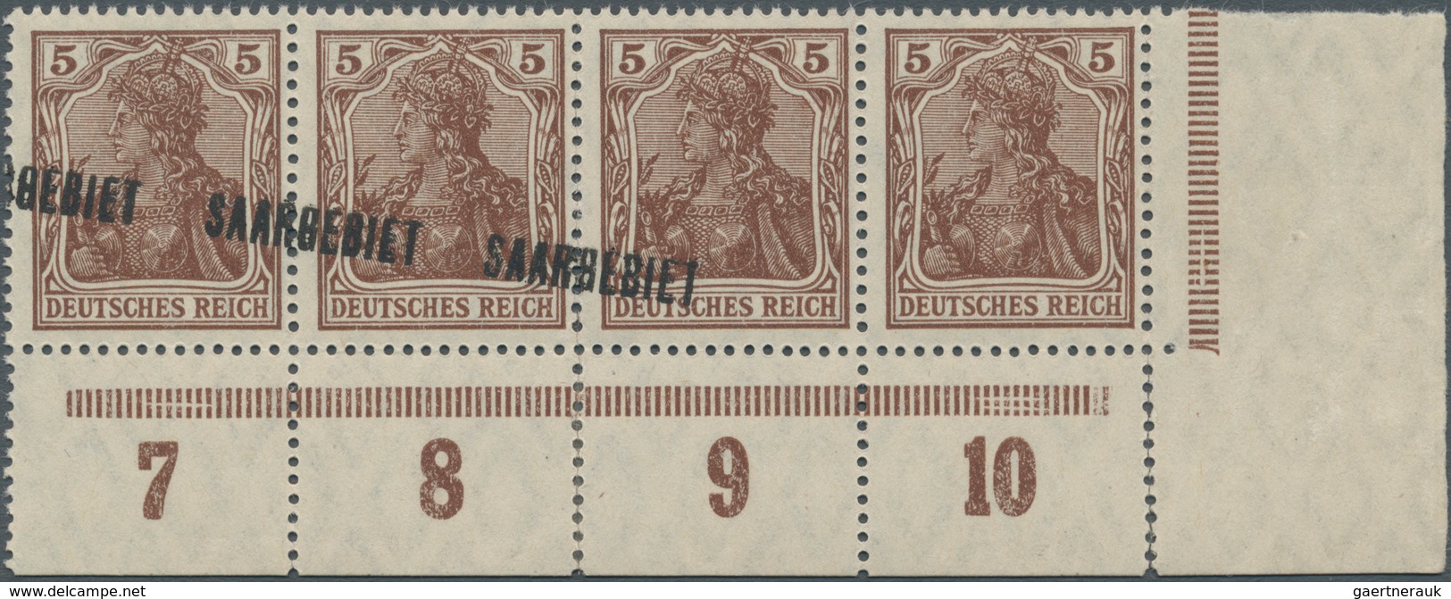 18961 Deutsche Abstimmungsgebiete: Saargebiet: 1920 5 Pf Braun "SAARGEBIET" Auf Germania, Waagerechter 4er - Other & Unclassified