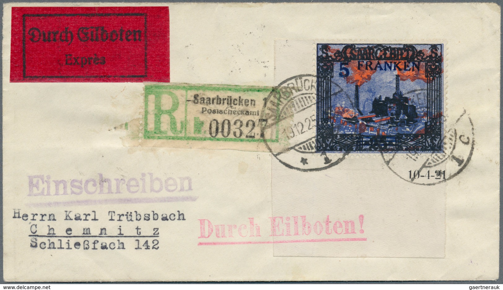 18971 Deutsche Abstimmungsgebiete: Saargebiet: 1921, Freimarke Landschaftsbilder 5 Fr Auf 25 M, Ungefaltet - Other & Unclassified