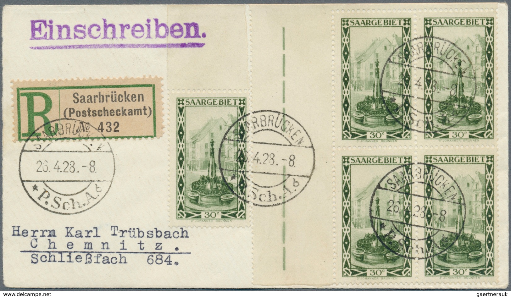 18976 Deutsche Abstimmungsgebiete: Saargebiet: 1926, Landschaftsbilder (V), 30 C. Luxusoberrand 4-er Block - Other & Unclassified