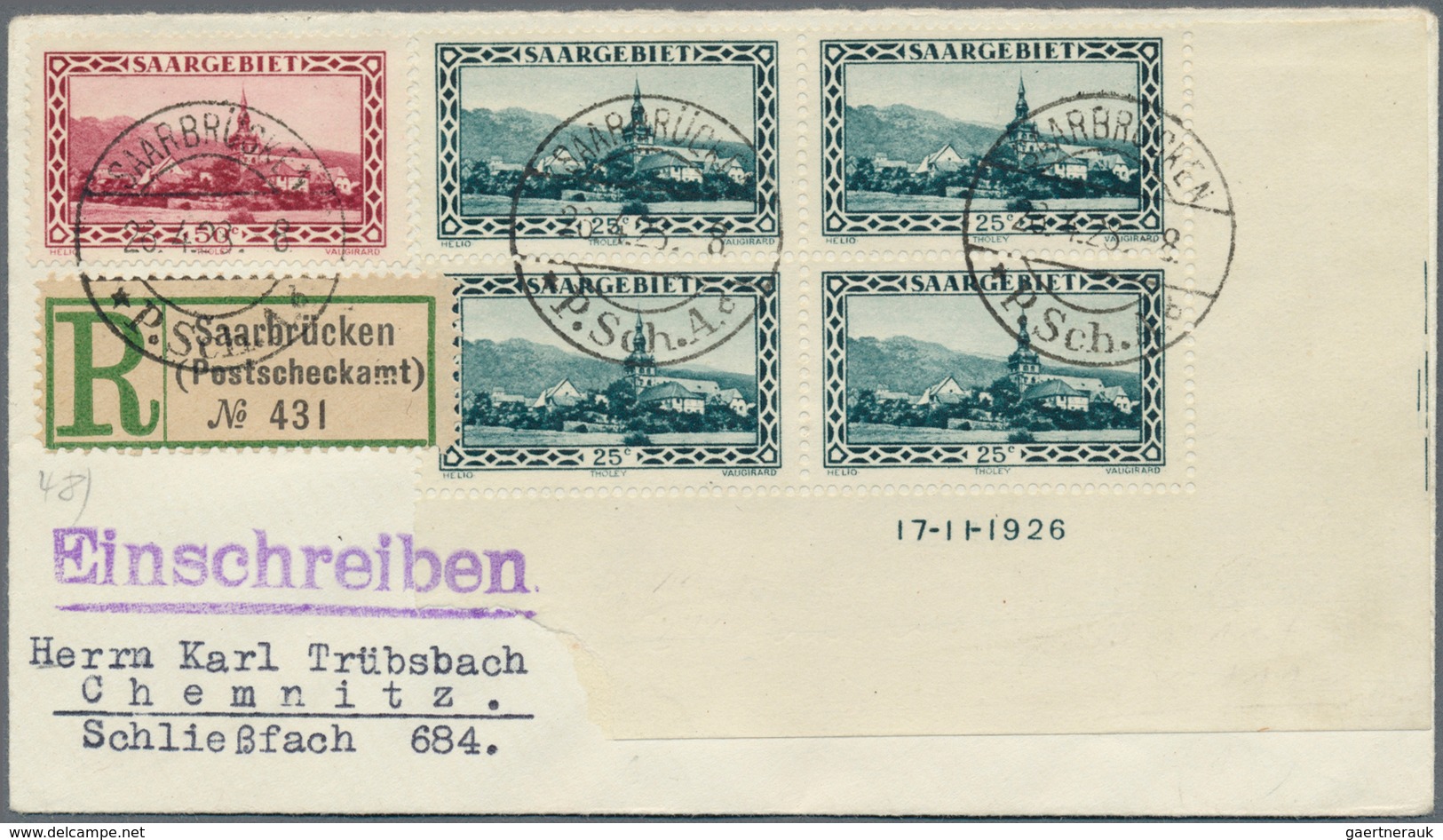 18978 Deutsche Abstimmungsgebiete: Saargebiet: 1926, 50 C. Und 4x 25 C. Als 4er-re. Unterer Eckrand-Block - Other & Unclassified
