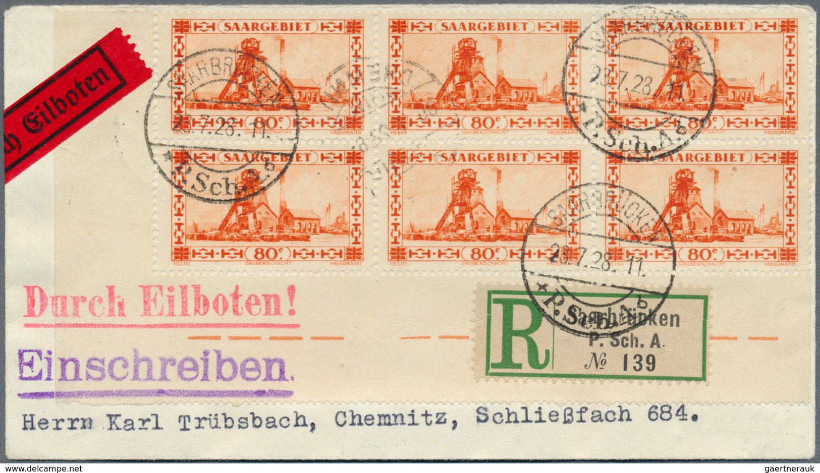 18979 Deutsche Abstimmungsgebiete: Saargebiet: 1926, Landschaftsbilder (V), 80 C. Luxus Rand 6-er Block Mi - Other & Unclassified