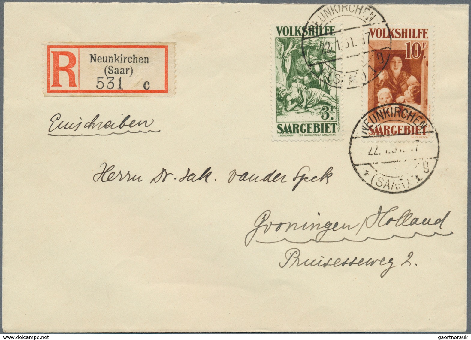 19005 Deutsche Abstimmungsgebiete: Saargebiet: 1931, Volkshilfe: Gemälde (III), 2 R-Briefe Nach Holland. M - Other & Unclassified