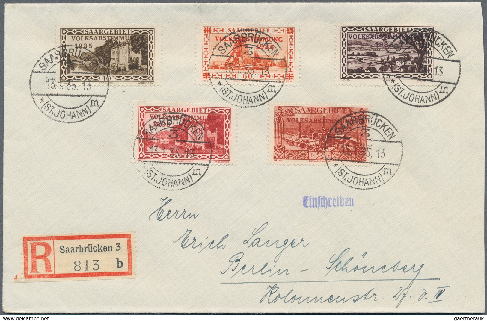 19027 Deutsche Abstimmungsgebiete: Saargebiet: 1934, Volksabstimmung auf 5 ausgesucht schönen Sieger R-Bri
