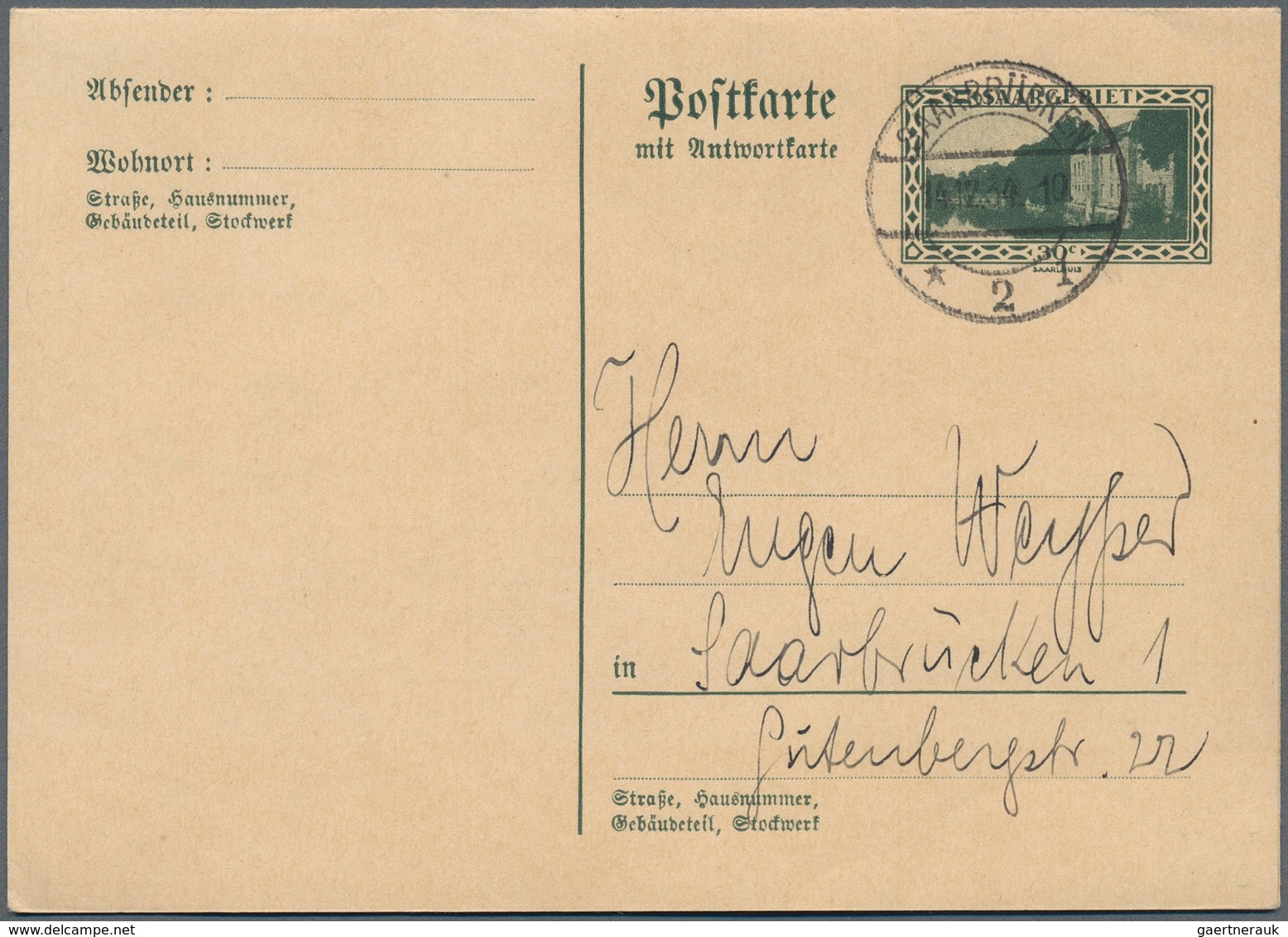 19037 Deutsche Abstimmungsgebiete: Saargebiet - Ganzsachen: 1933, 30/30 C Olivgrün Antwortdoppelkarte, Por - Entiers Postaux