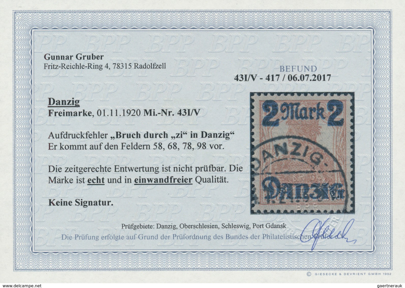 19067 Danzig: 1920, 2 M. Auf 35 Pf. Gestempelt Mit Aufdruckfehler Bruch Durch "zi" In Danzig, Einwandfreie - Other & Unclassified