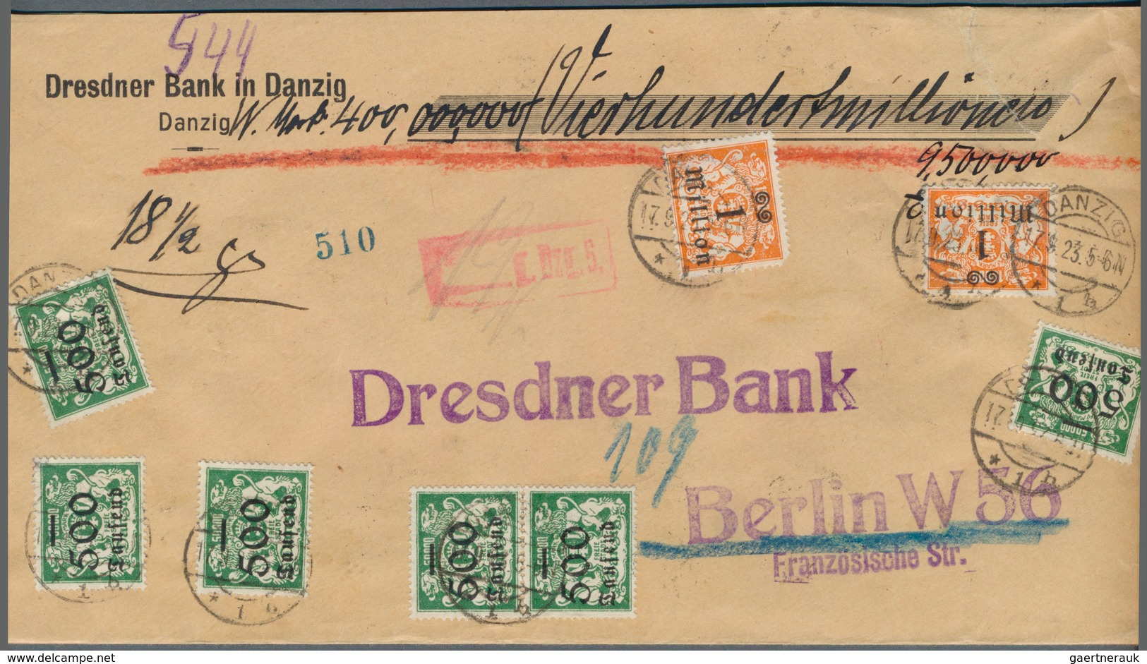 19084 Danzig: 1923, Freimarke 1 Mio. Auf 10000 M. Lebhaftrotorange, 2 Stück Mit 500 Tausend Auf 50.000 M, - Other & Unclassified