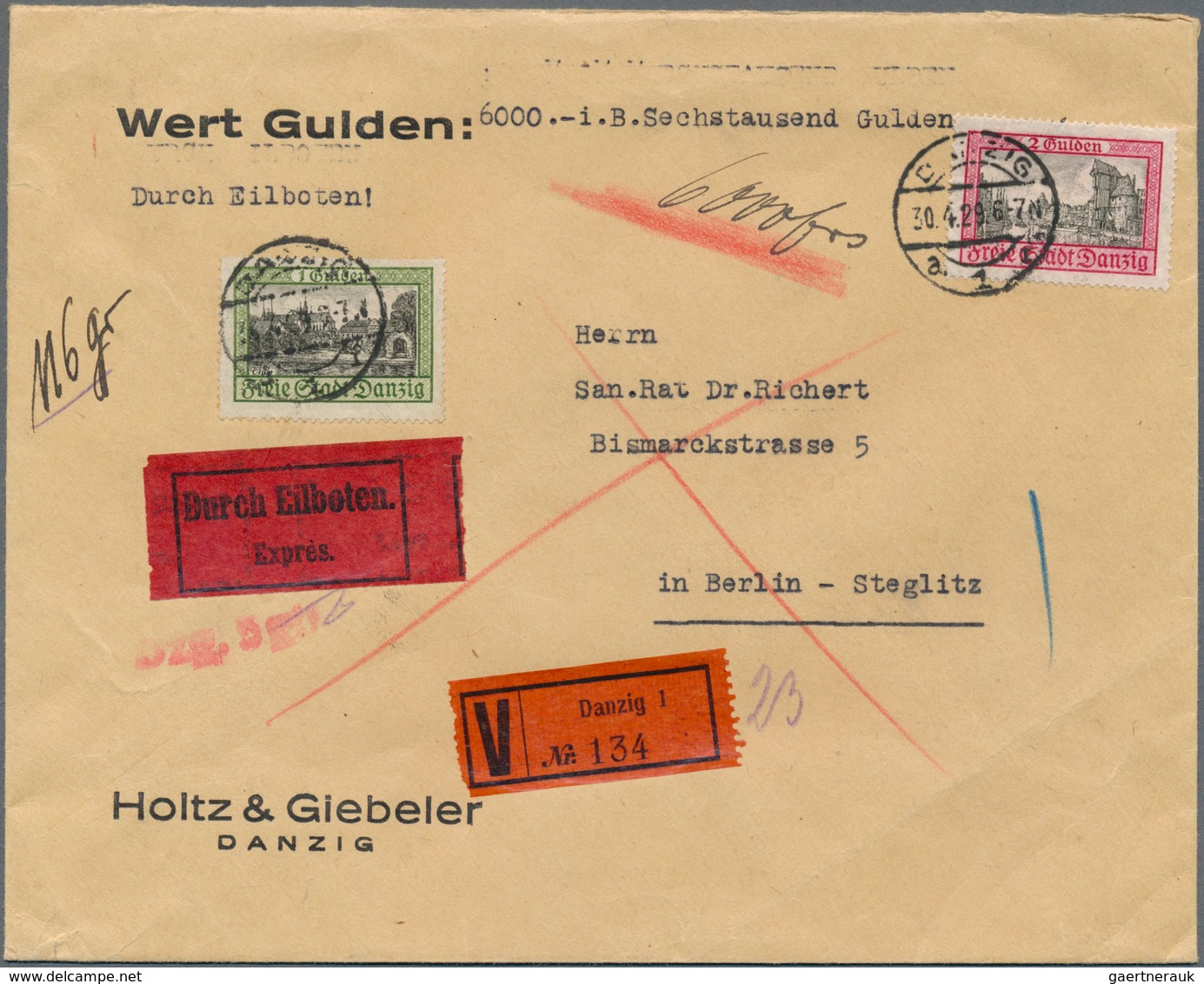 19096 Danzig: 1929: 1 G + 2 G Auf Eilboten-Wertbrief über 6.000 Gulden Von Danzig Nach Berlin. Seltener Be - Autres & Non Classés