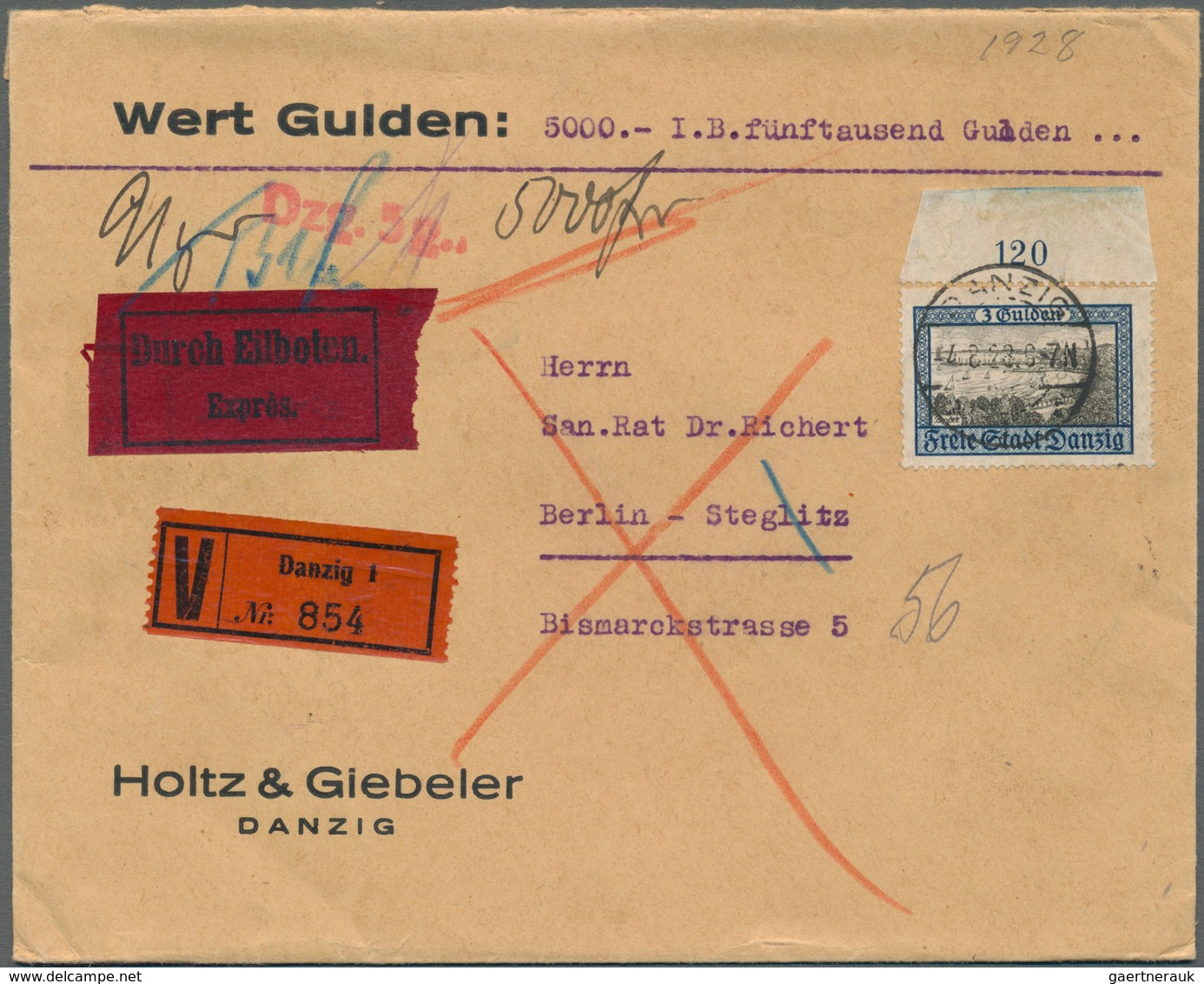 19097 Danzig: 1924, 3 G. Zoppot, Oberrandmarke Auf Eilboten-Wertbrief (5000 Gulden, Bis 100g) Vom 4.8.28 N - Other & Unclassified