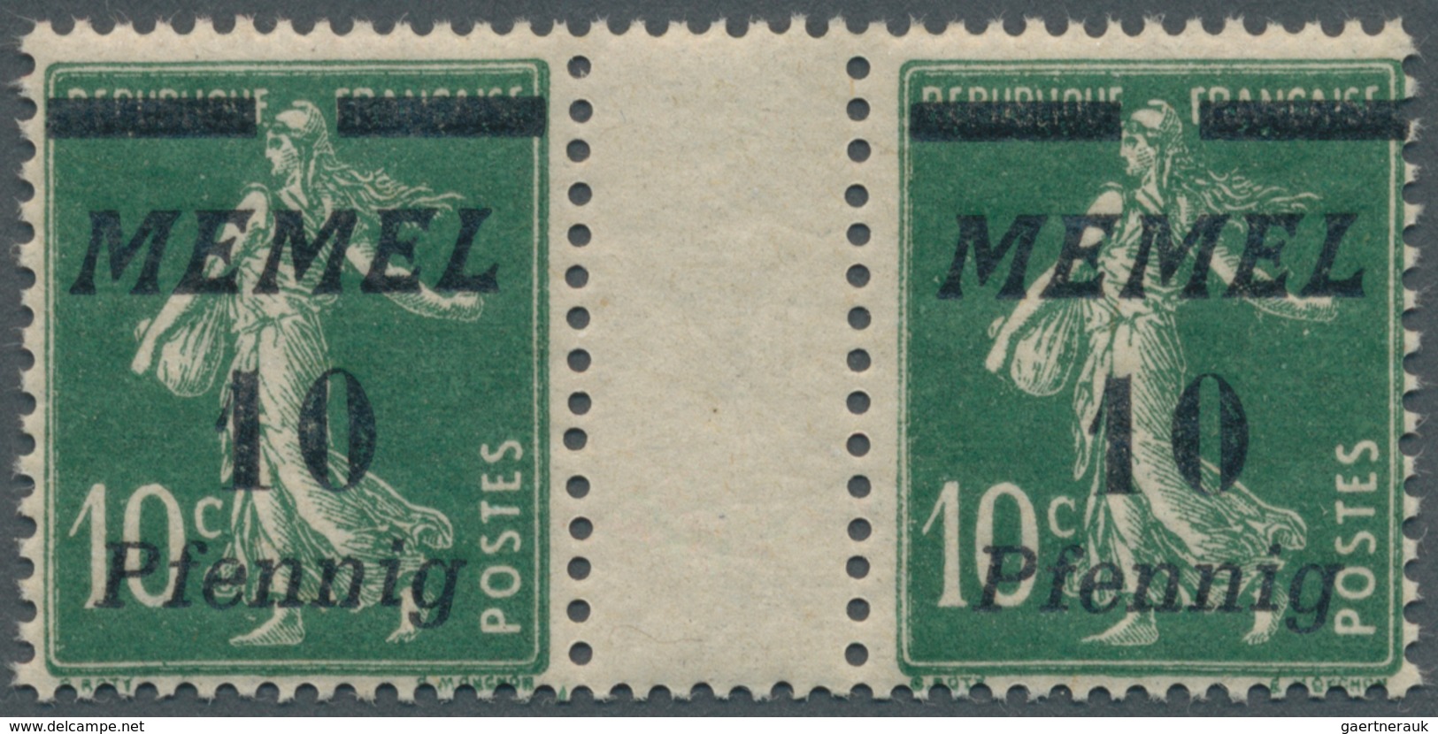 19129 Memel: 1922, 10 Pfg A 10 C Dunkelgrün, Waagerechtes Zwischenstegpaar, Postfrisches Qualitätsstück, S - Klaipeda 1923