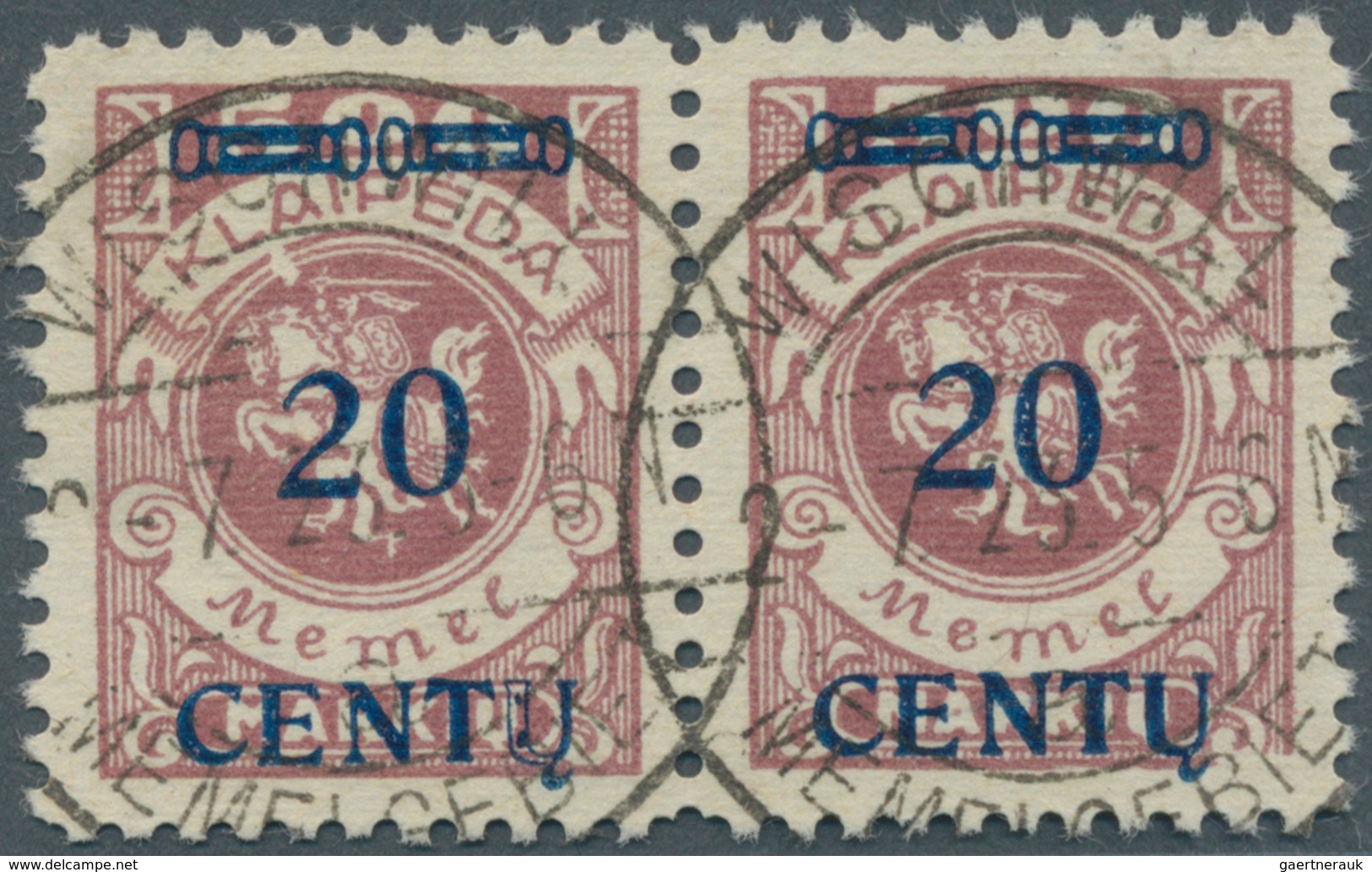 19140 Memel: 1923, Freimarke 20 CENTU Als Gestempeltes Waag. Paar, Dabei Weisser Keil Unter "L" Von Klaipe - Klaipeda 1923