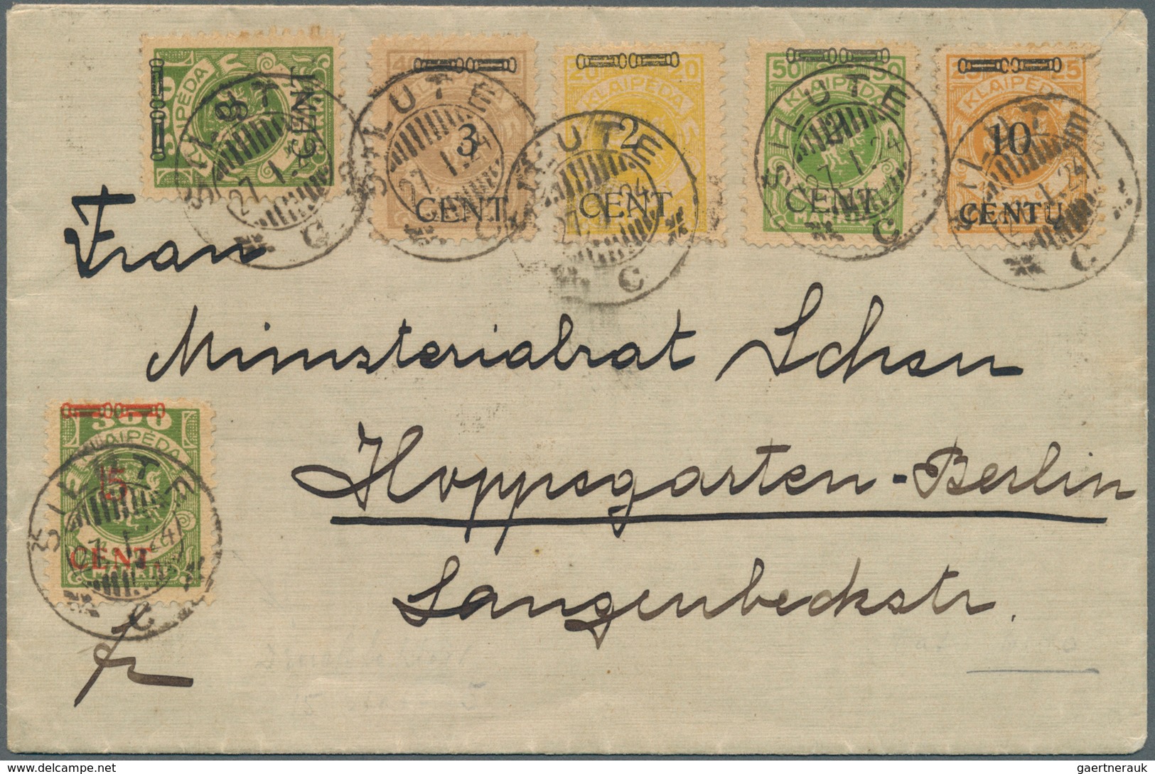 19142 Memel: 1923: 5 Cent Mit Plattenfehler "Druckspiess Vor Wertziffer" Und Guter Zusatzfrankatur Auf Por - Klaipeda 1923