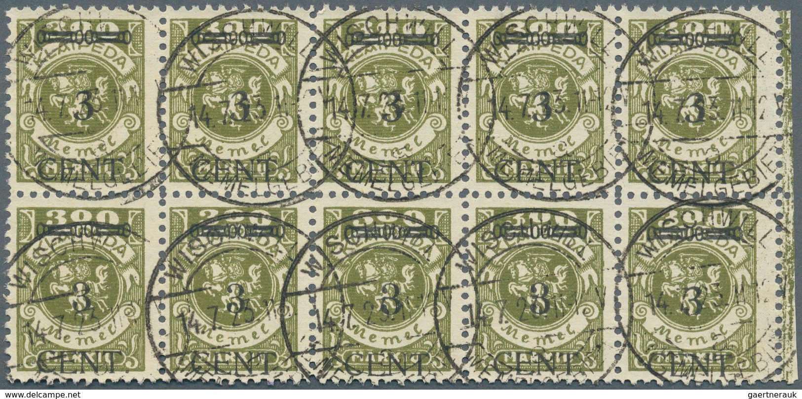 19143 Memel: 1923, Freimarke 3 CENT Auf 40 M, Auf 300 M, 5 CENT Auf 100 M Je Als Gestempelter Zehnerblock - Klaipeda 1923