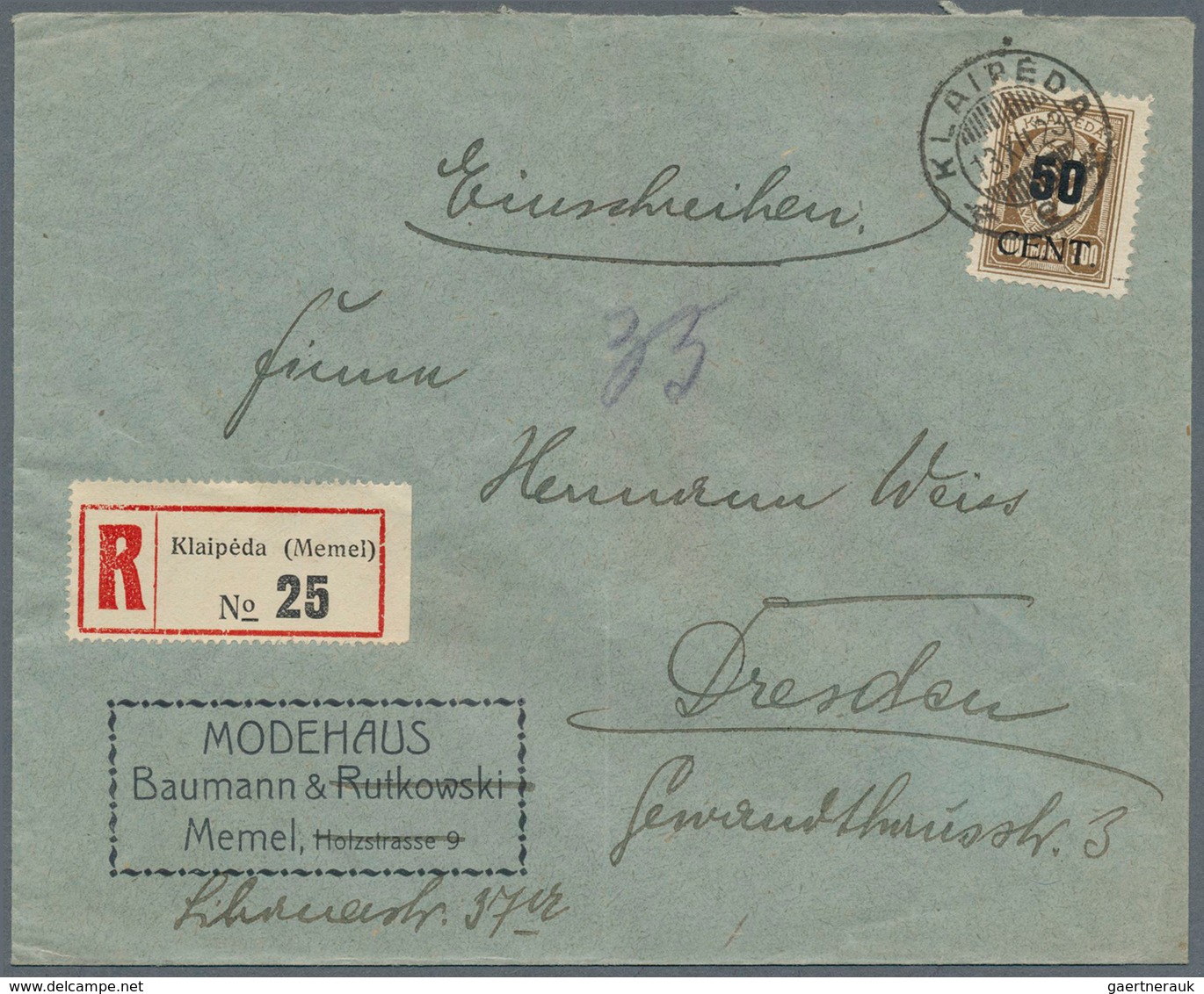 19150 Memel: 1925: 50 C Auf 100 Und 50 C Auf 200 Mk, Je Als Seltene Einzelfrankatur Auf 2 Sauberen R-Brief - Klaipeda 1923