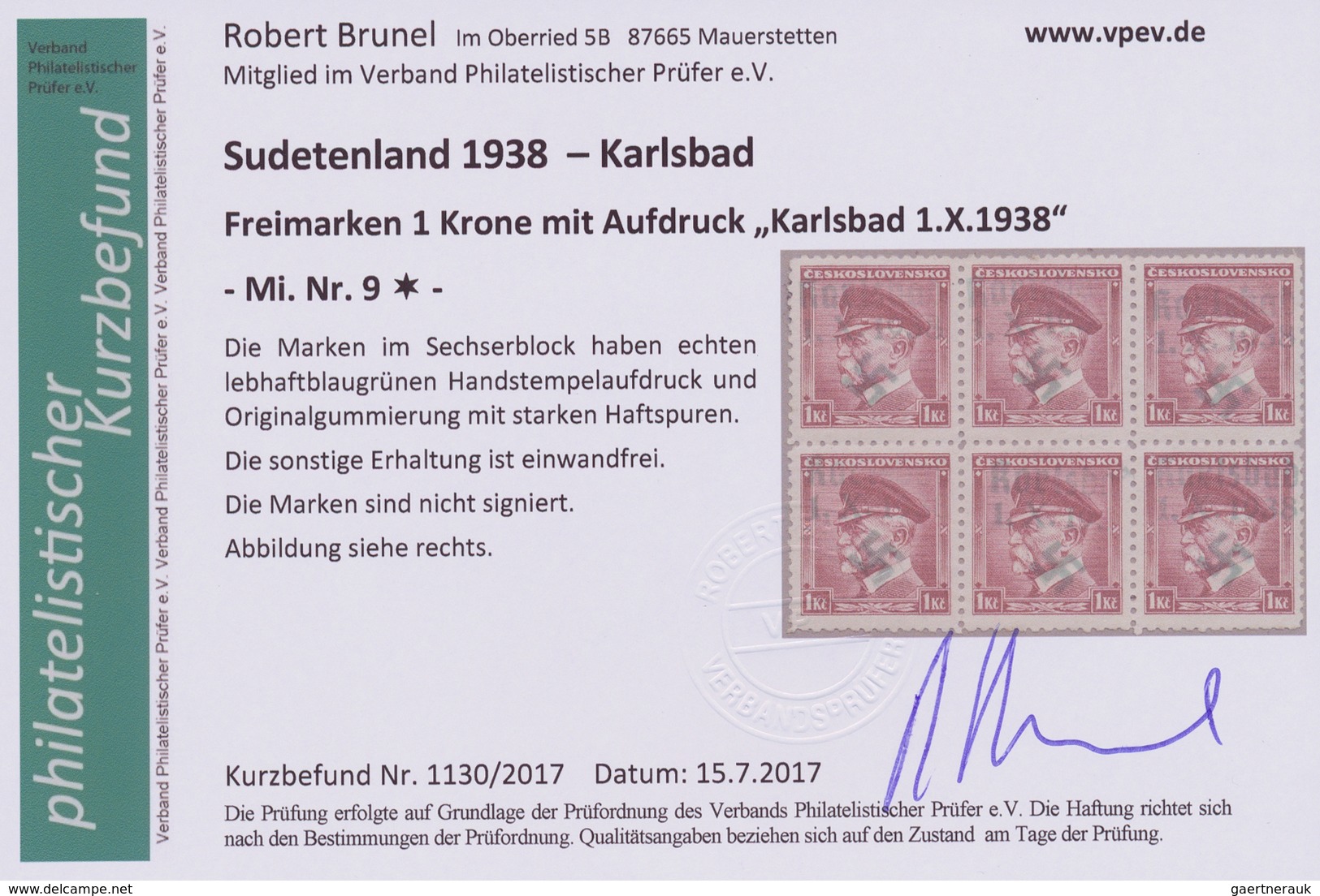 19182 Sudetenland - Karlsbad: 1938, Freimarke 1 Kr. Im Ungebrauchten Sechserblock Mit Lebhaftblaugrünem Ha - Sudetenland