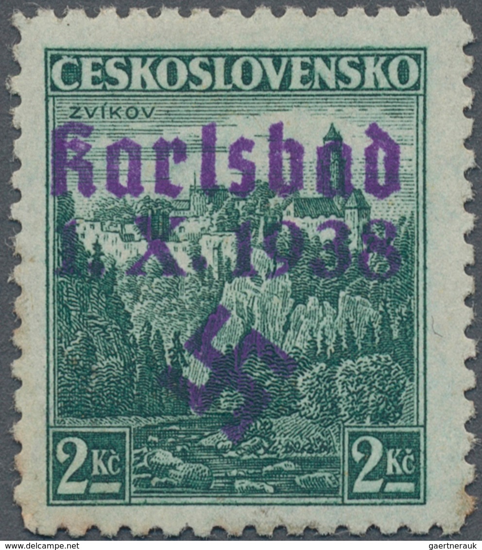 19184 Sudetenland - Karlsbad: 1938, Freimarke 2 Kronen Mit Dunkelbläulichviolettem Handstempelaufdruck "Ka - Sudetenland