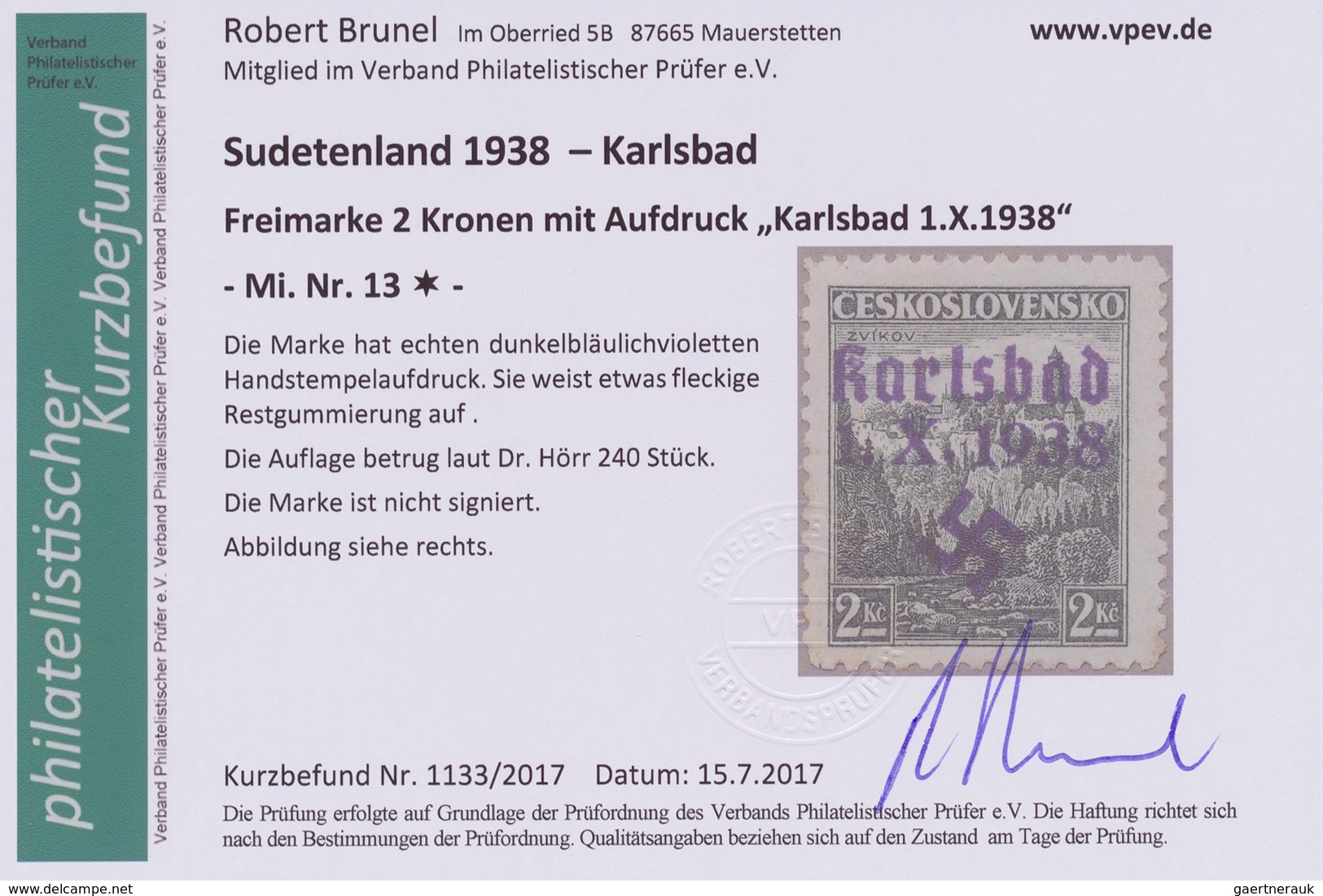 19184 Sudetenland - Karlsbad: 1938, Freimarke 2 Kronen Mit Dunkelbläulichviolettem Handstempelaufdruck "Ka - Sudetenland